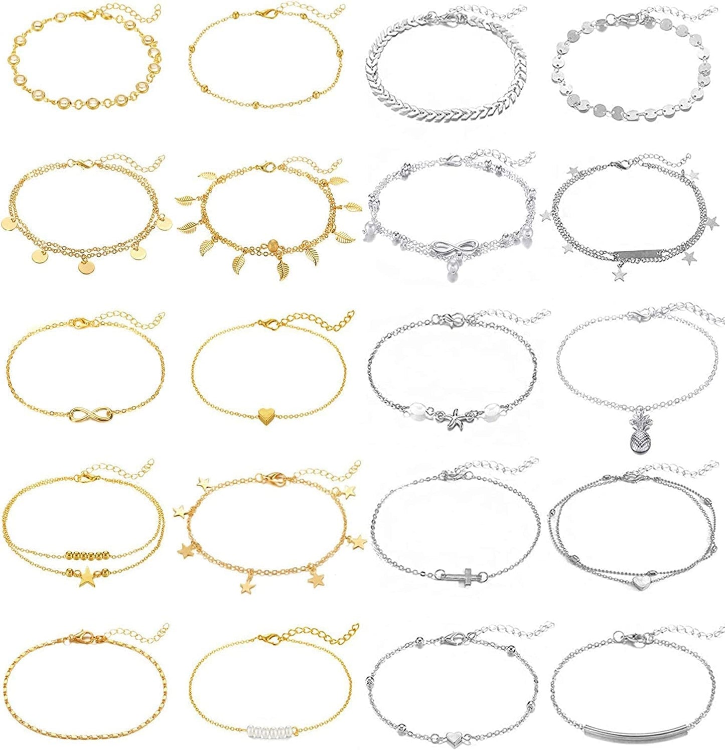 20Pcs Ankle Bracelets for Women Silver Gold Anklet Set Boho Anklets Bracelets Layered Adjustable Chain Beach Barefoot Foot Jewelry Apparel & Accessories > Jewelry > Anklets KOHOTA gold and silver color