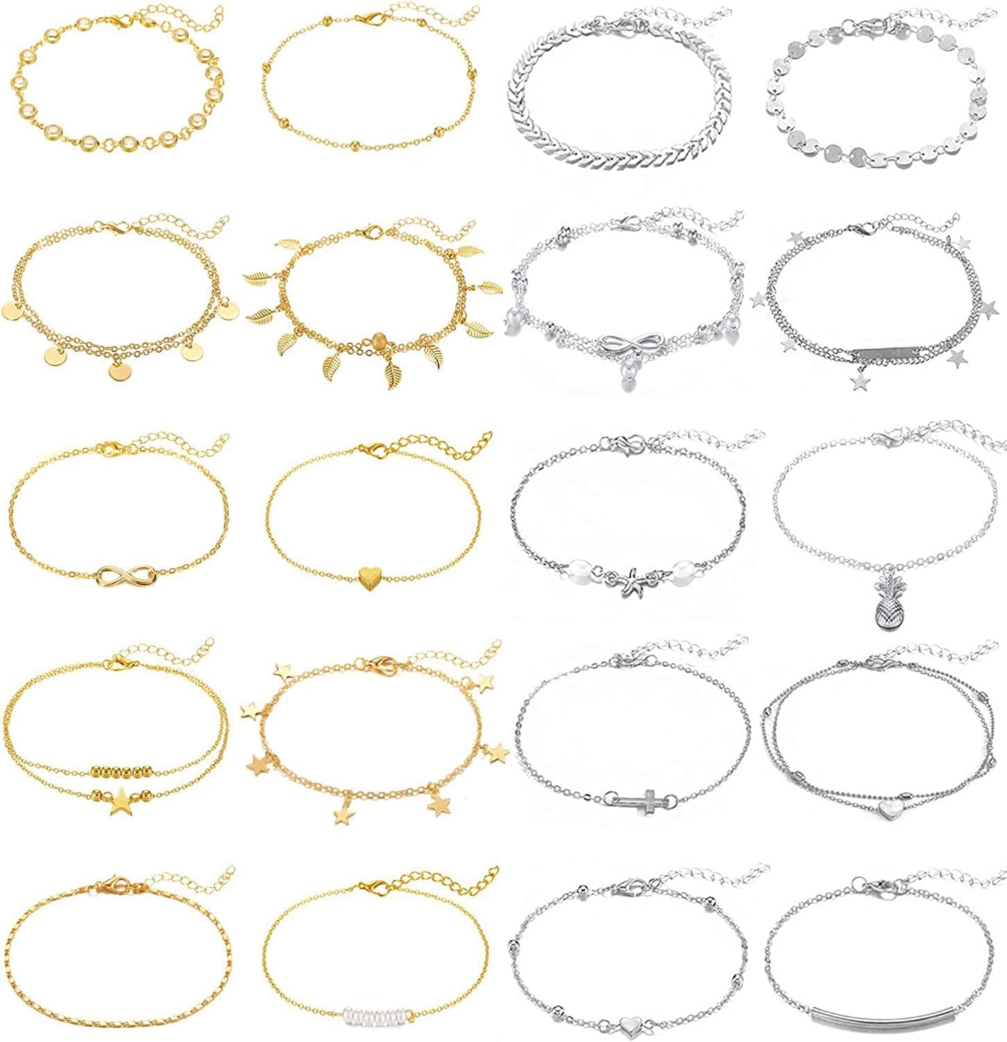 20Pcs Ankle Bracelets for Women Silver Gold Anklet Set Boho Anklets Bracelets Layered Adjustable Chain Beach Barefoot Foot Jewelry Apparel & Accessories > Jewelry > Anklets KOHOTA gold and silver color