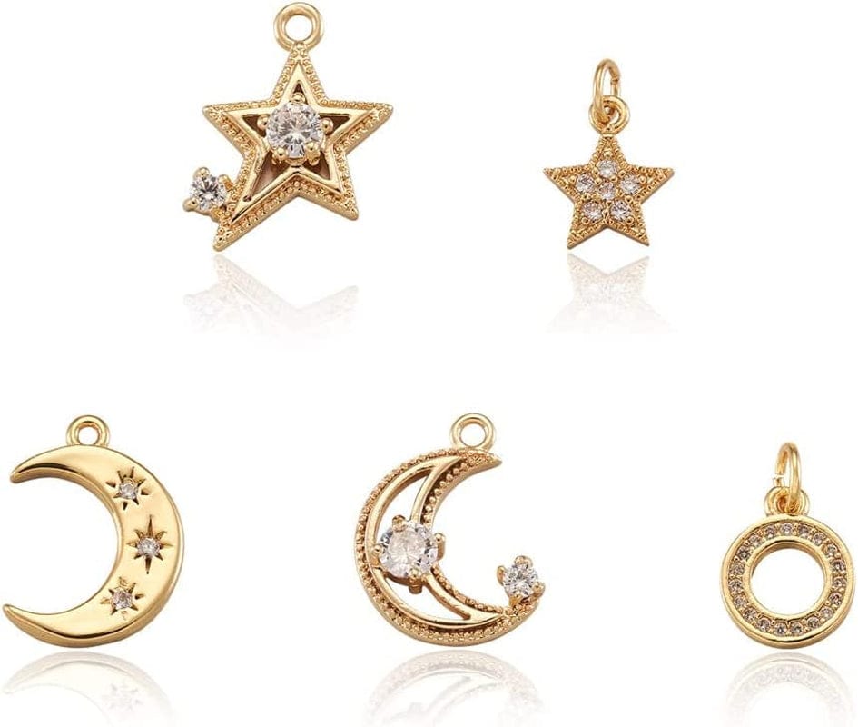 20Pcs Cubic Zirconia Star Charms Pendants for Bracelet Necklace Earring Jewelry Making, Light Gold & Silver Golden# Star & Moon & Ring
