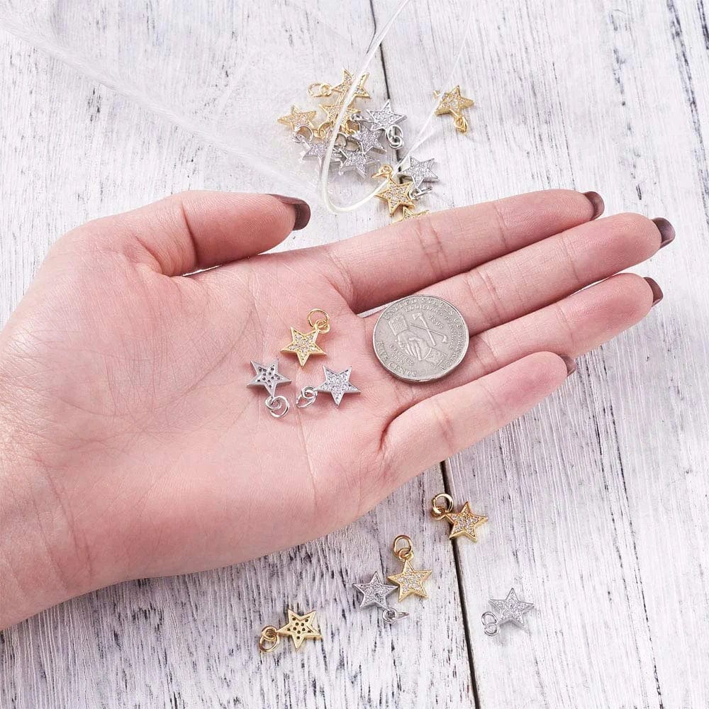 20Pcs Cubic Zirconia Star Charms Pendants for Bracelet Necklace Earring Jewelry Making, Light Gold & Silver