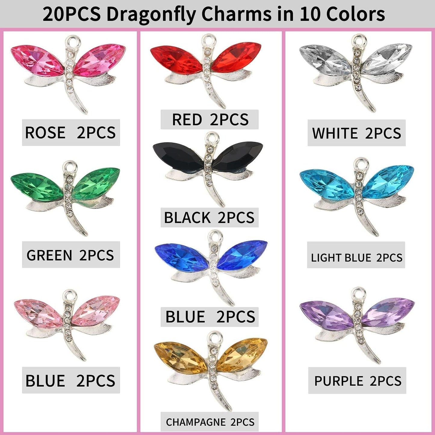 20PCS Dragonfly Charms for Jewelry Making, Diamond Metal Enamel Pendant Charms, for Necklace Bracelet Earring DIY Jewelry Making Accessories, 10 Colors