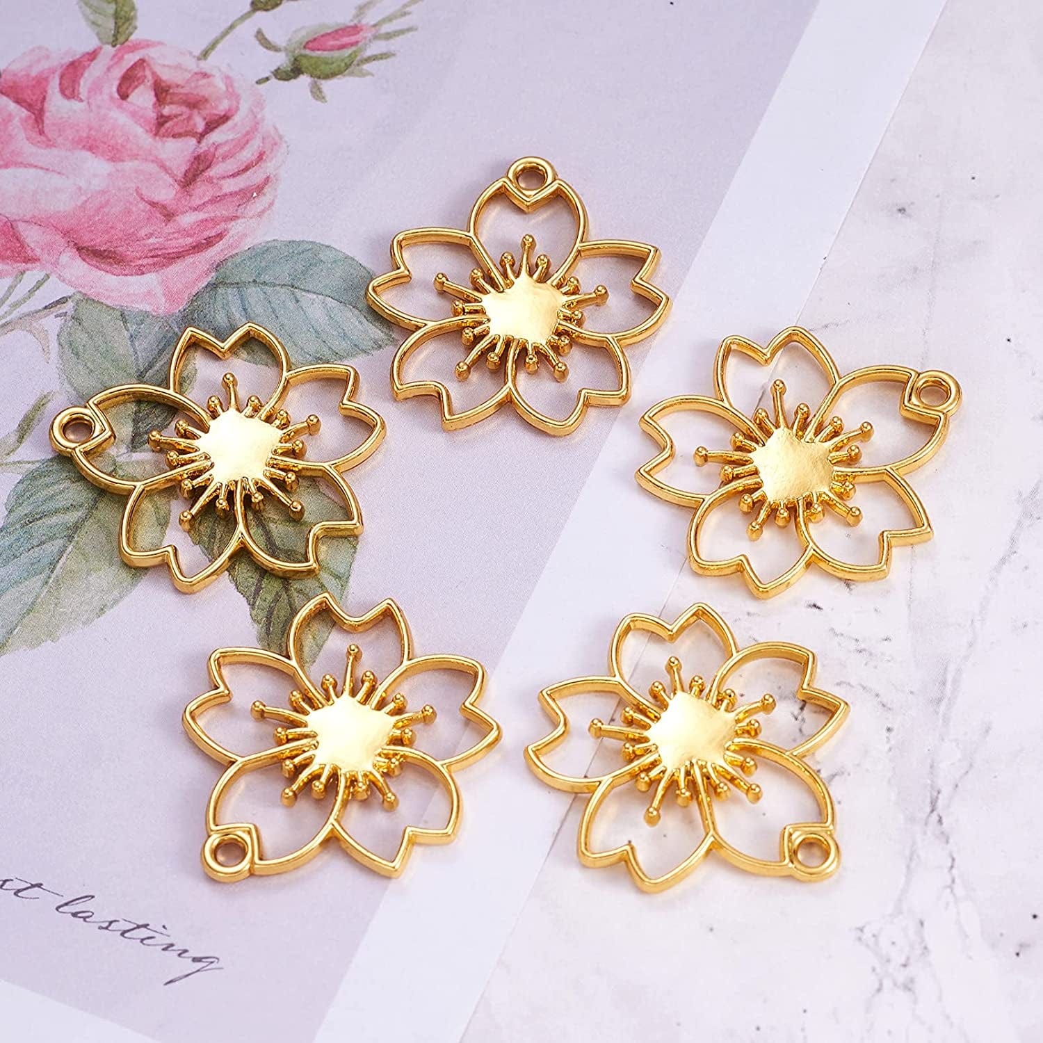 20Pcs Flower Alloy Open Back Bezel Pendants 30X28X2.5Mm Sakura Hollow Frame Pendant Charms for DIY UV Resin Pressed Flower Jewelry Making
