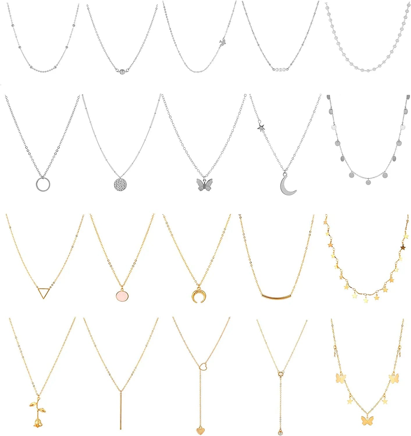 20PCS Layered Choker Necklaces for Women,Gold Silver Coin Bar Pendant Y Necklace Multilayer Cute Moon Star Pearl Necklace Adjustable Chain Choker Necklaces Set for Teen Girls Women Gold Silver