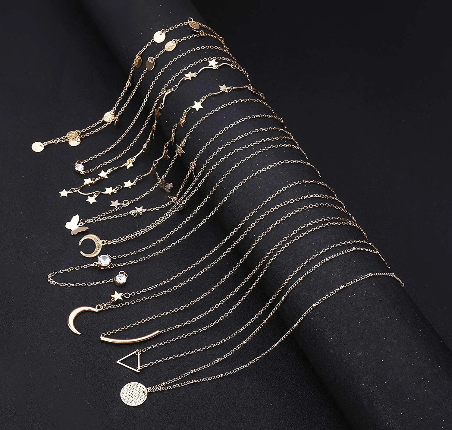 20PCS Layered Choker Necklaces for Women,Gold Silver Coin Bar Pendant Y Necklace Multilayer Cute Moon Star Pearl Necklace Adjustable Chain Choker Necklaces Set for Teen Girls Women