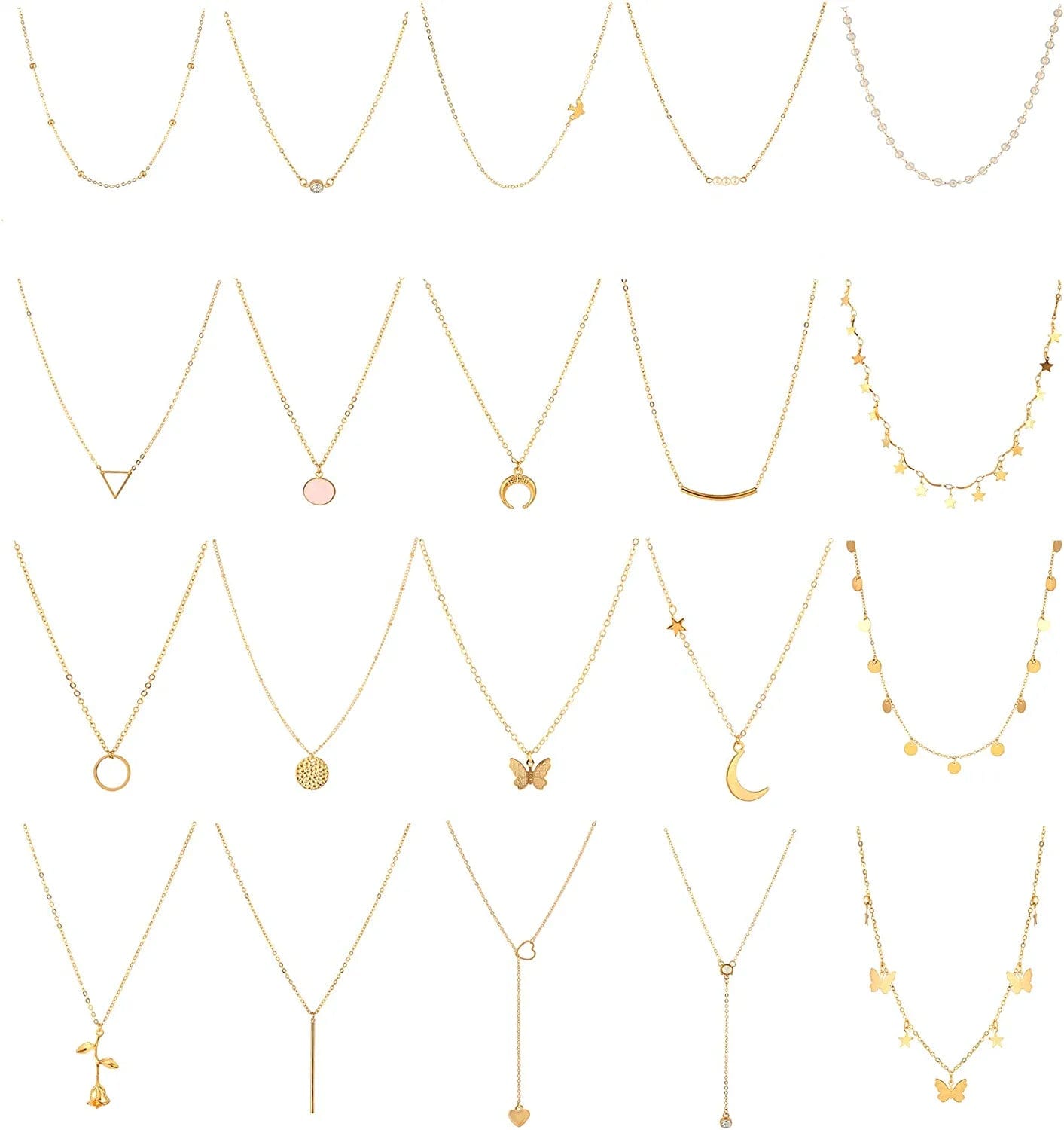 20PCS Layered Choker Necklaces for Women,Gold Silver Coin Bar Pendant Y Necklace Multilayer Cute Moon Star Pearl Necklace Adjustable Chain Choker Necklaces Set for Teen Girls Women Gold