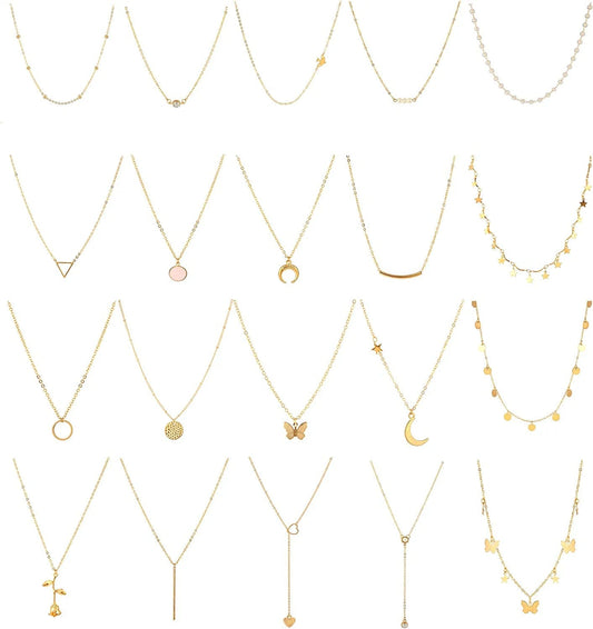 20PCS Layered Choker Necklaces for Women,Gold Silver Coin Bar Pendant Y Necklace Multilayer Cute Moon Star Pearl Necklace Adjustable Chain Choker Necklaces Set for Teen Girls Women Gold