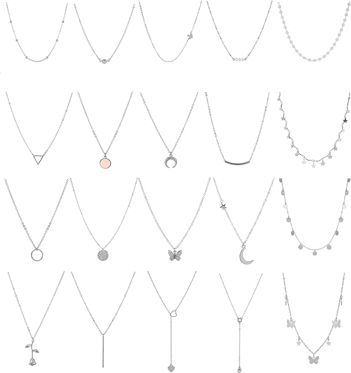 20PCS Layered Choker Necklaces for Women,Gold Silver Coin Bar Pendant Y Necklace Multilayer Cute Moon Star Pearl Necklace Adjustable Chain Choker Necklaces Set for Teen Girls Women Silver
