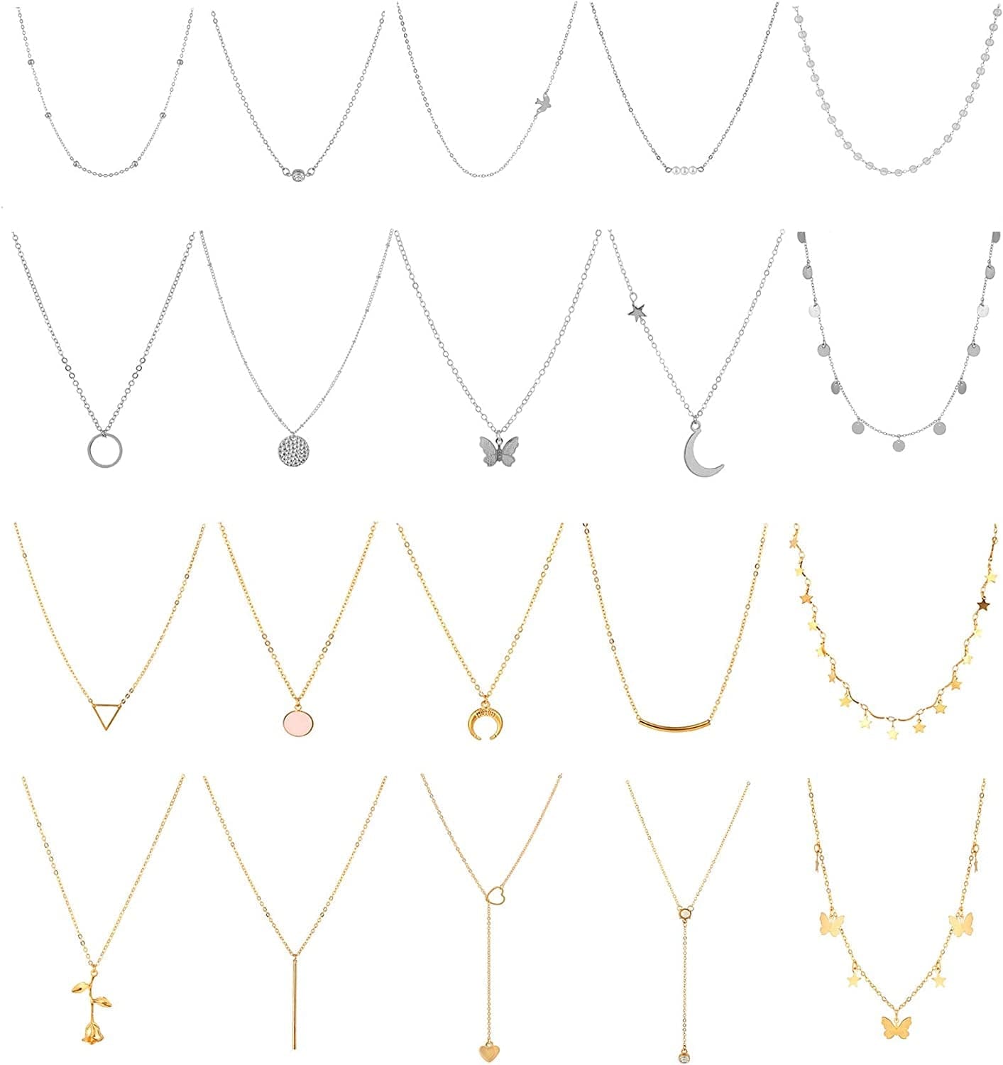 20PCS Layered Choker Necklaces for Women,Gold Silver Coin Bar Pendant Y Necklace Multilayer Cute Moon Star Pearl Necklace Adjustable Chain Choker Necklaces Set for Teen Girls Women Gold Silver