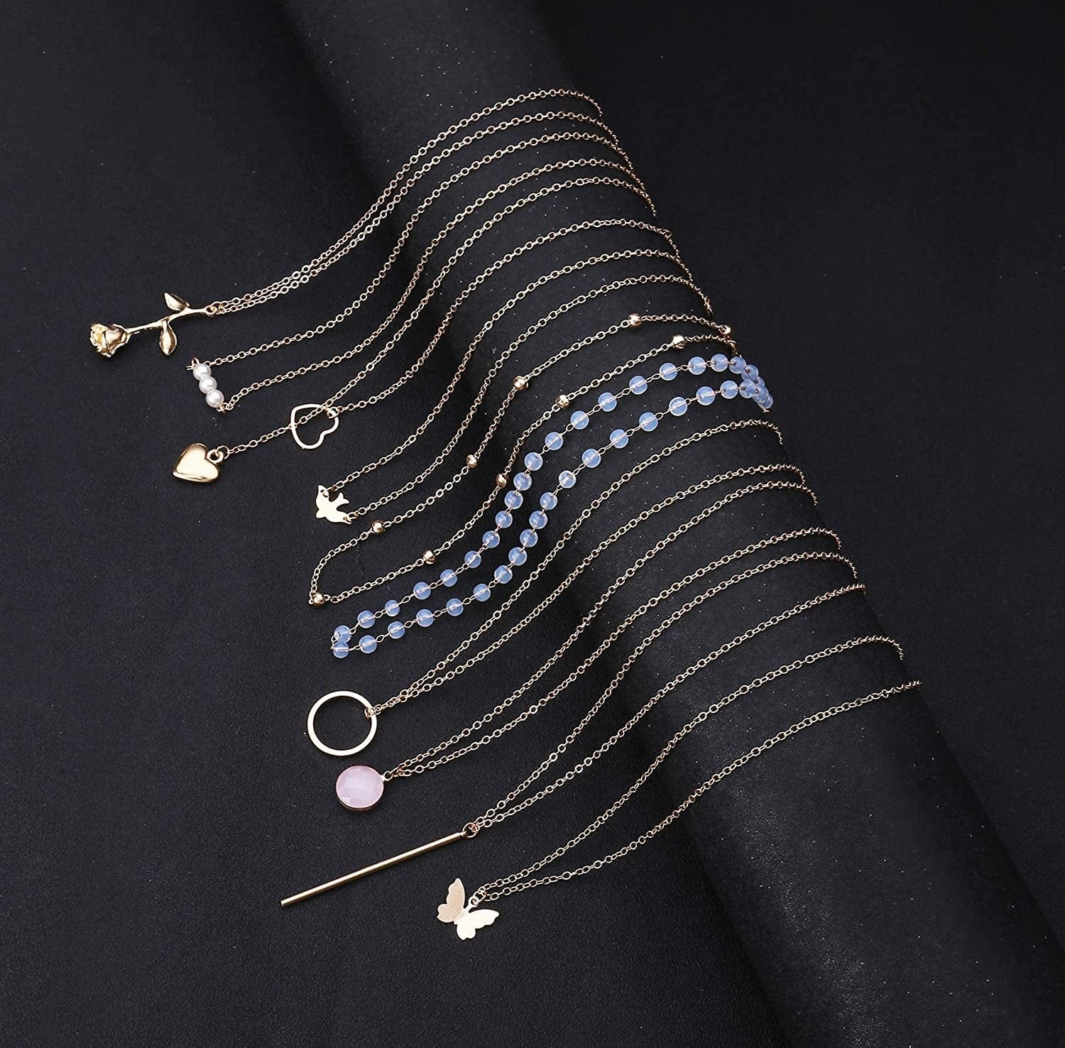 20PCS Layered Choker Necklaces for Women,Gold Silver Coin Bar Pendant Y Necklace Multilayer Cute Moon Star Pearl Necklace Adjustable Chain Choker Necklaces Set for Teen Girls Women
