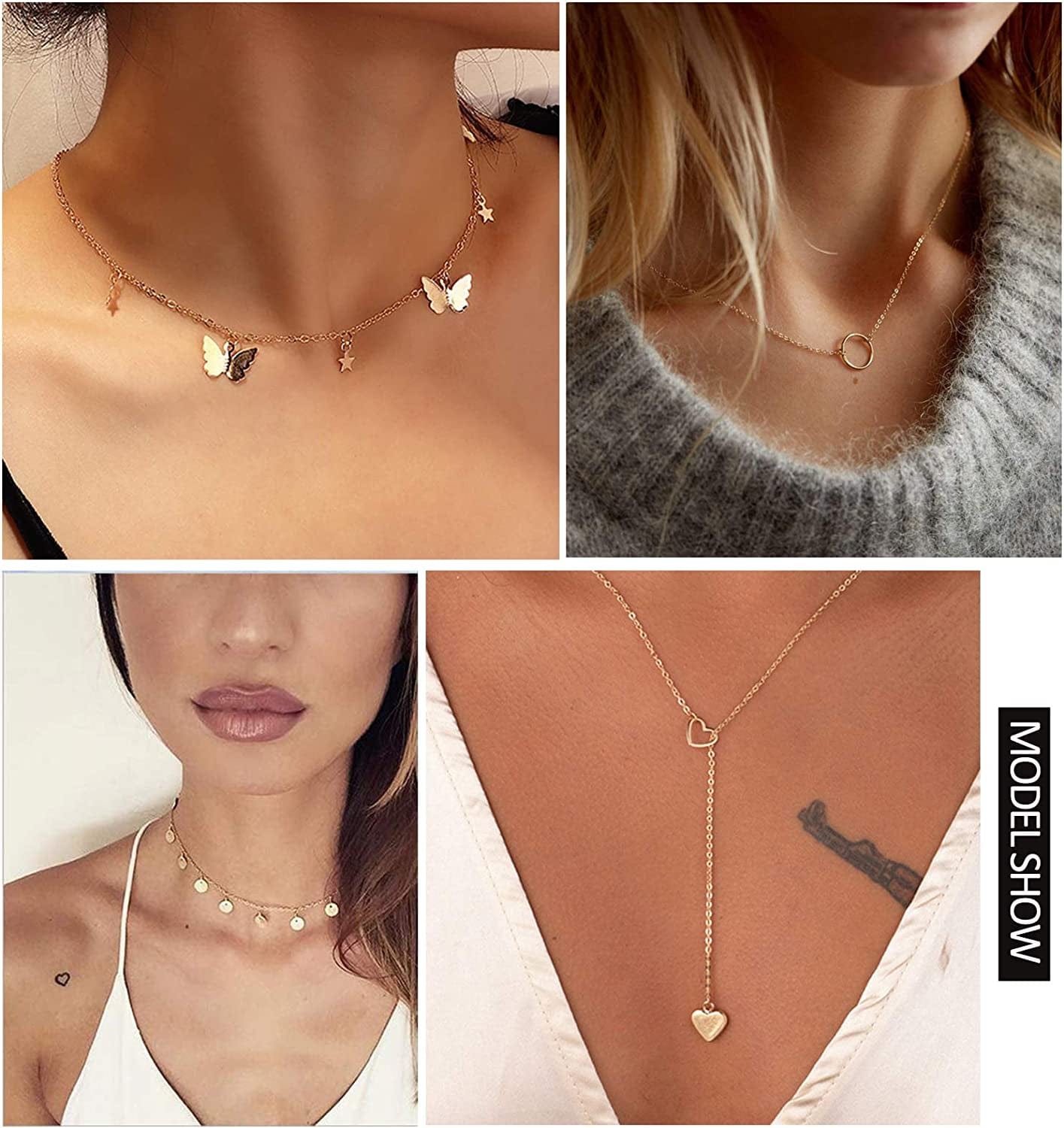 20PCS Layered Choker Necklaces for Women,Gold Silver Coin Bar Pendant Y Necklace Multilayer Cute Moon Star Pearl Necklace Adjustable Chain Choker Necklaces Set for Teen Girls Women