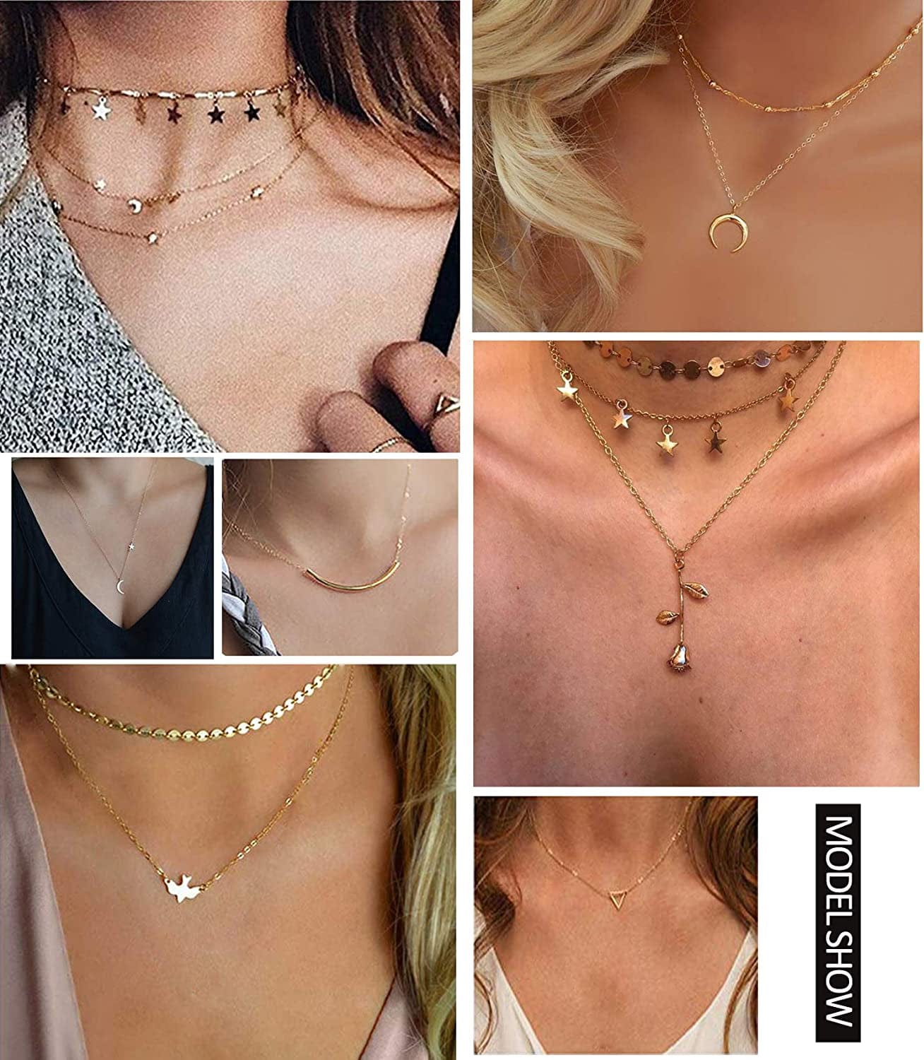 20PCS Layered Choker Necklaces for Women,Gold Silver Coin Bar Pendant Y Necklace Multilayer Cute Moon Star Pearl Necklace Adjustable Chain Choker Necklaces Set for Teen Girls Women