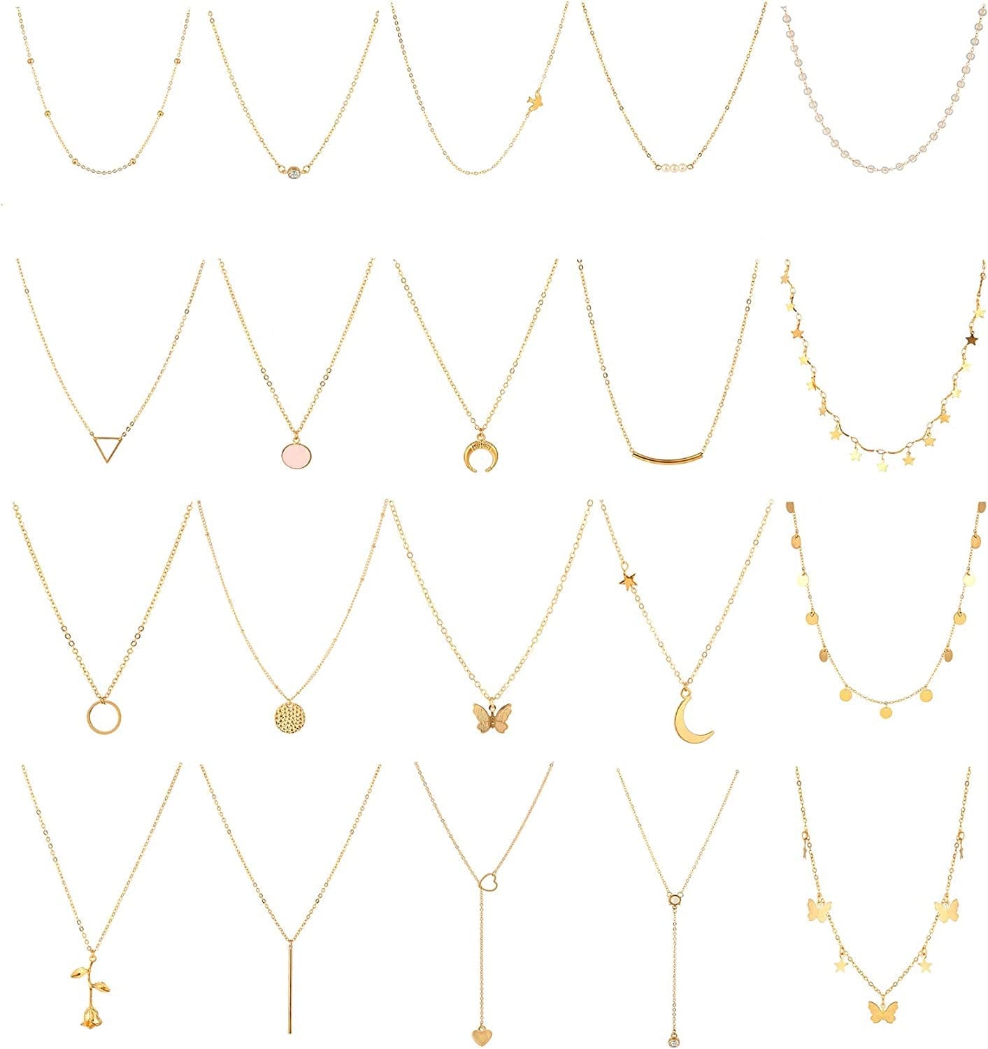 20PCS Layered Choker Necklaces for Women,Gold Silver Coin Bar Pendant Y Necklace Multilayer Cute Moon Star Pearl Necklace Adjustable Chain Choker Necklaces Set for Teen Girls Women Gold