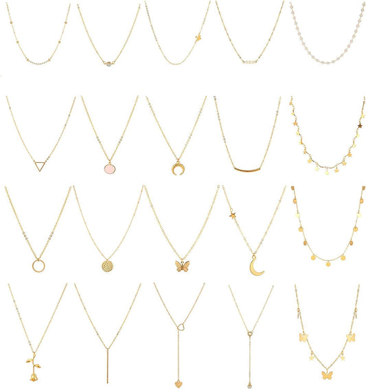 20PCS Layered Choker Necklaces for Women,Gold Silver Coin Bar Pendant Y Necklace Multilayer Cute Moon Star Pearl Necklace Adjustable Chain Choker Necklaces Set for Teen Girls Women Gold