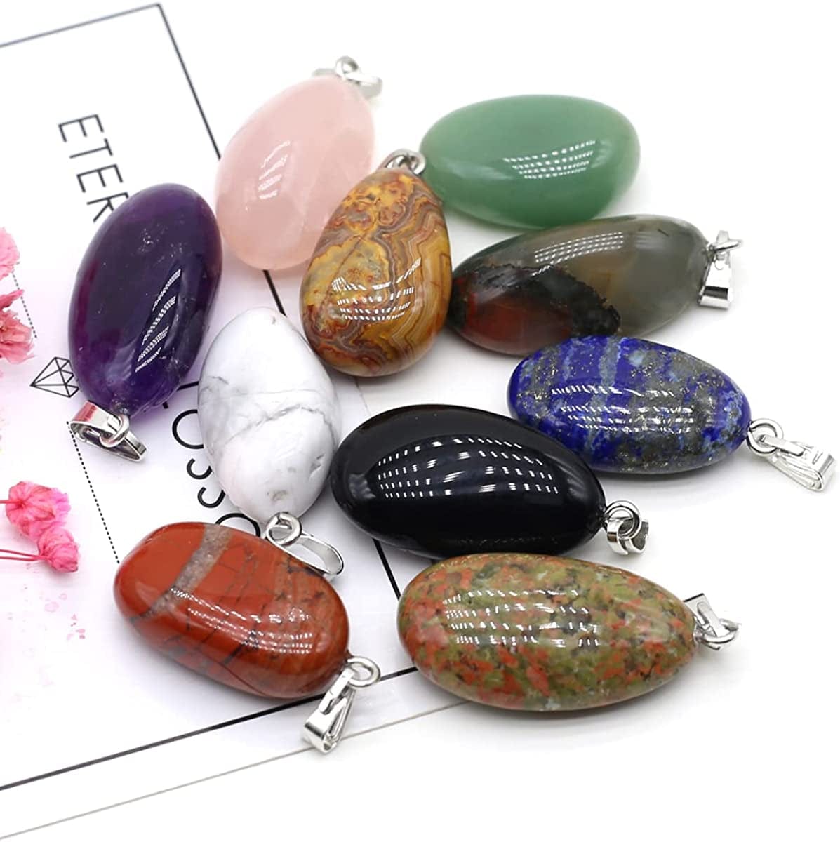 20Pcs Natural Crystals Stone Pendant Amethyst Rose Quartz Smooth Polished Gemstone Charms for Jewelry Making DIY Necklace Earrings