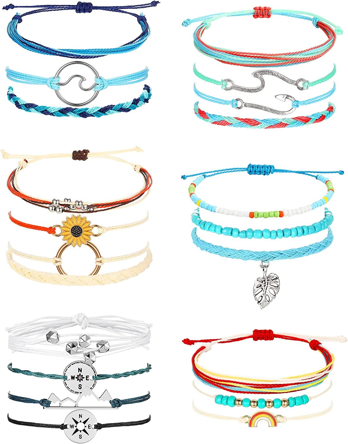 21 Pieces Surfer Wave Bracelet Ocean Wave Adjustable Waterproof Handmade Friendship Bracelet Summer Sunflower Bracelets Anklets Jewelry for Women Teen Girls Apparel & Accessories > Jewelry > Bracelets Hicarer Rainbow Style
