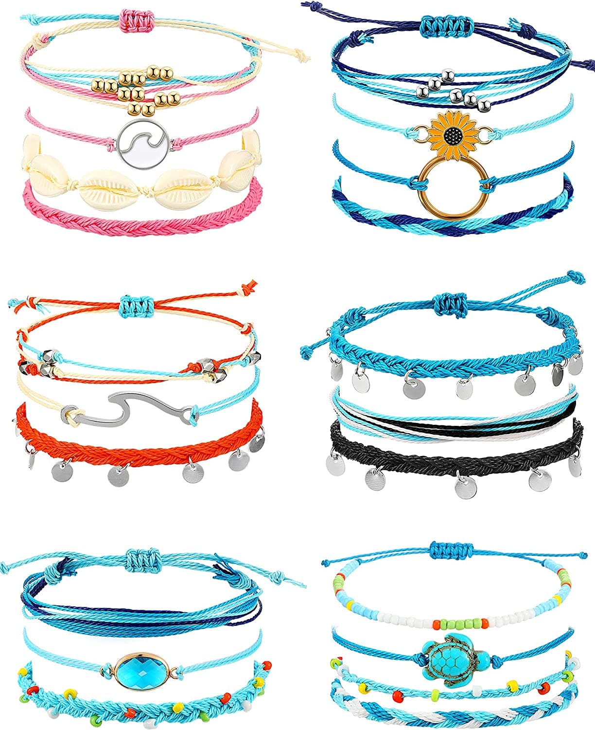 21 Pieces Surfer Wave Bracelet Ocean Wave Adjustable Waterproof Handmade Friendship Bracelet Summer Sunflower Bracelets Anklets Jewelry for Women Teen Girls Apparel & Accessories > Jewelry > Bracelets Hicarer Cute Style
