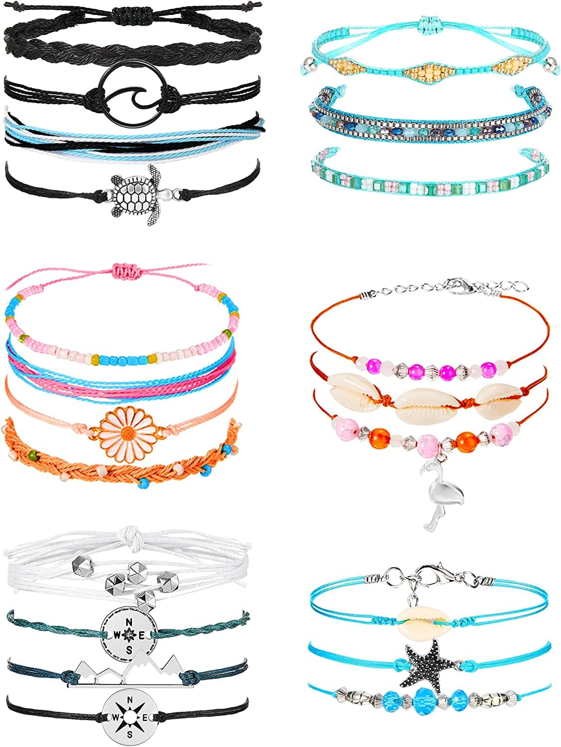 21 Pieces Surfer Wave Bracelet Ocean Wave Adjustable Waterproof Handmade Friendship Bracelet Summer Sunflower Bracelets Anklets Jewelry for Women Teen Girls Apparel & Accessories > Jewelry > Bracelets Hicarer Shell Style