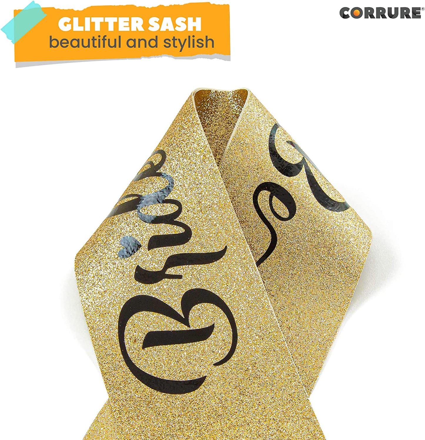 CORRURE 'Bride to Be' Sash for Bachelorette Party - Bridal Shower Gold Glitter Sash with Black Foil Lettering - Hen Party Decorations Supplies Accessories, Wedding Engagement Party Favors Gift Apparel & Accessories > Clothing Accessories > Sashes CORRURE