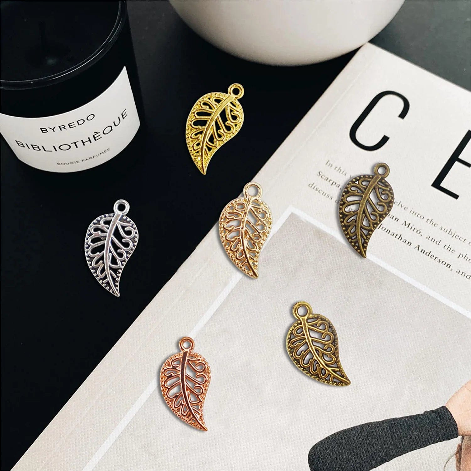 210PCS Hollow Filigree Leaves Charms Pendants Craft Supplies for Necklace Bracelet Jewelry Making, Mixed 6 Color