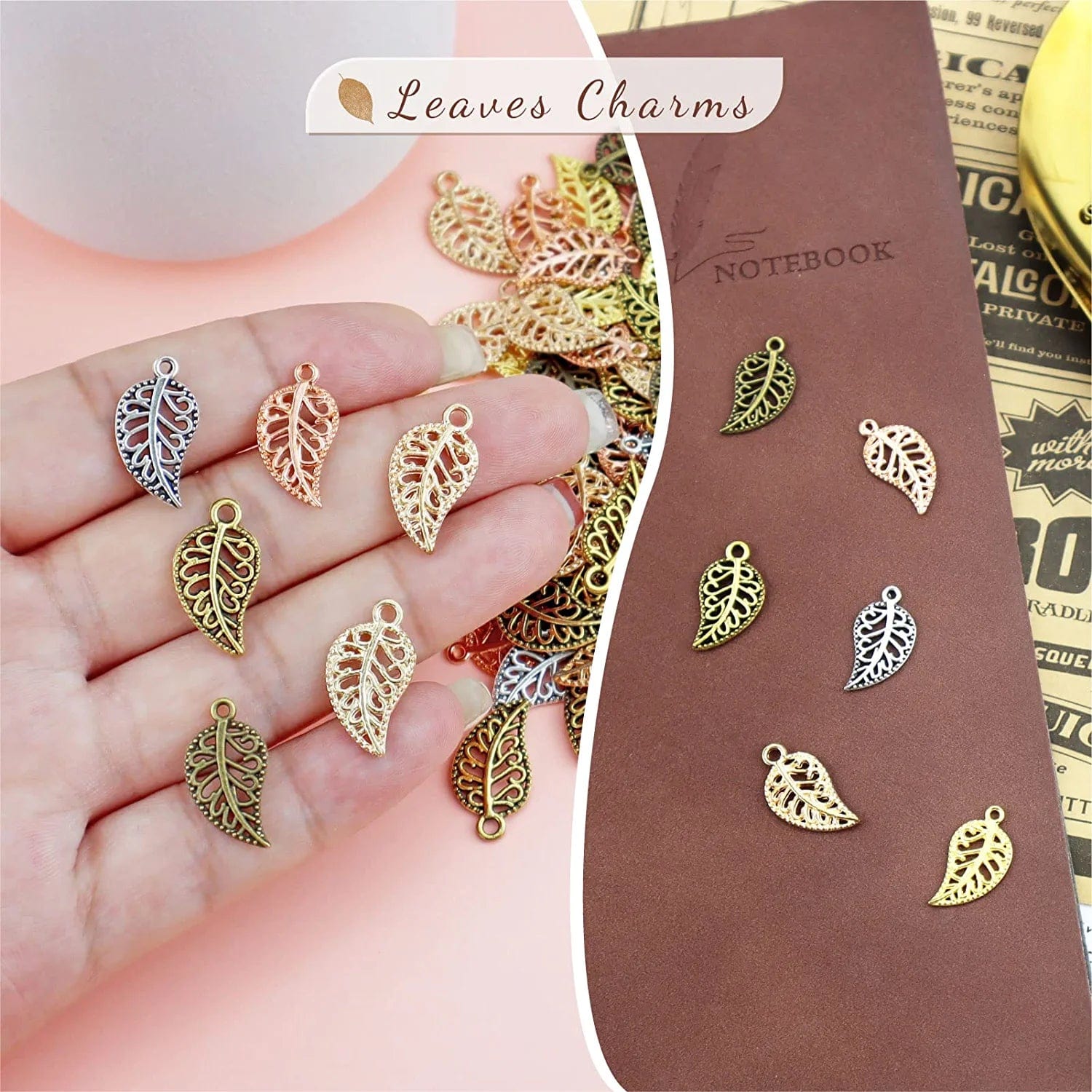 210PCS Hollow Filigree Leaves Charms Pendants Craft Supplies for Necklace Bracelet Jewelry Making, Mixed 6 Color