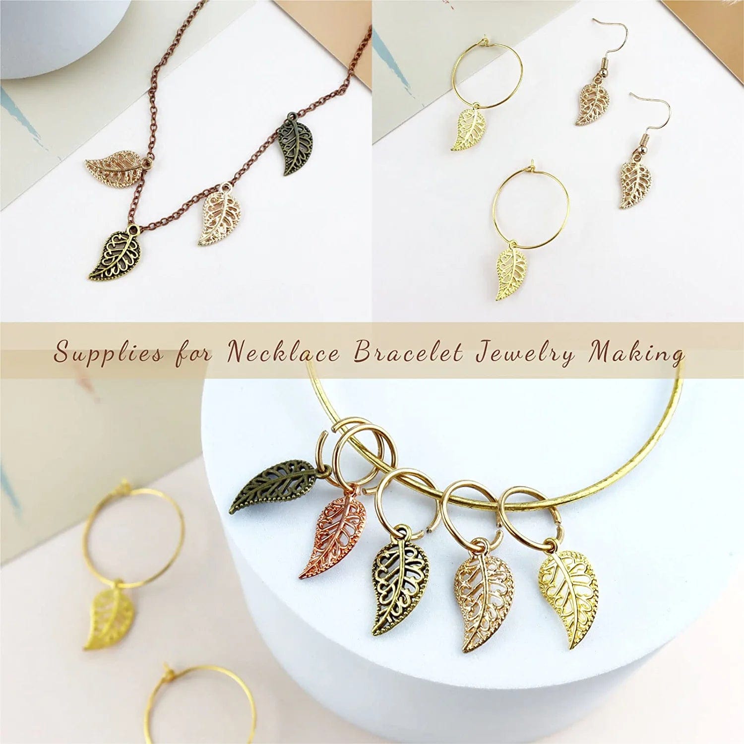 210PCS Hollow Filigree Leaves Charms Pendants Craft Supplies for Necklace Bracelet Jewelry Making, Mixed 6 Color