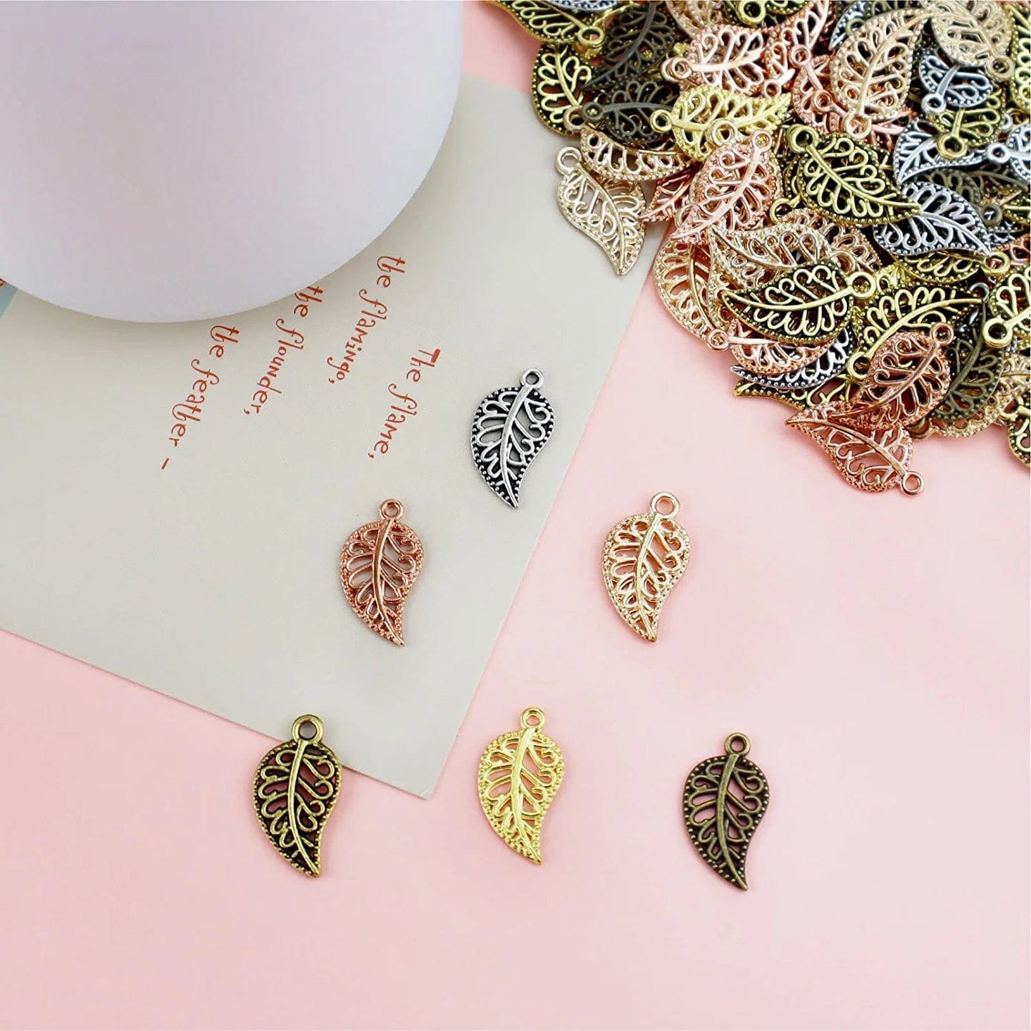 210PCS Hollow Filigree Leaves Charms Pendants Craft Supplies for Necklace Bracelet Jewelry Making, Mixed 6 Color