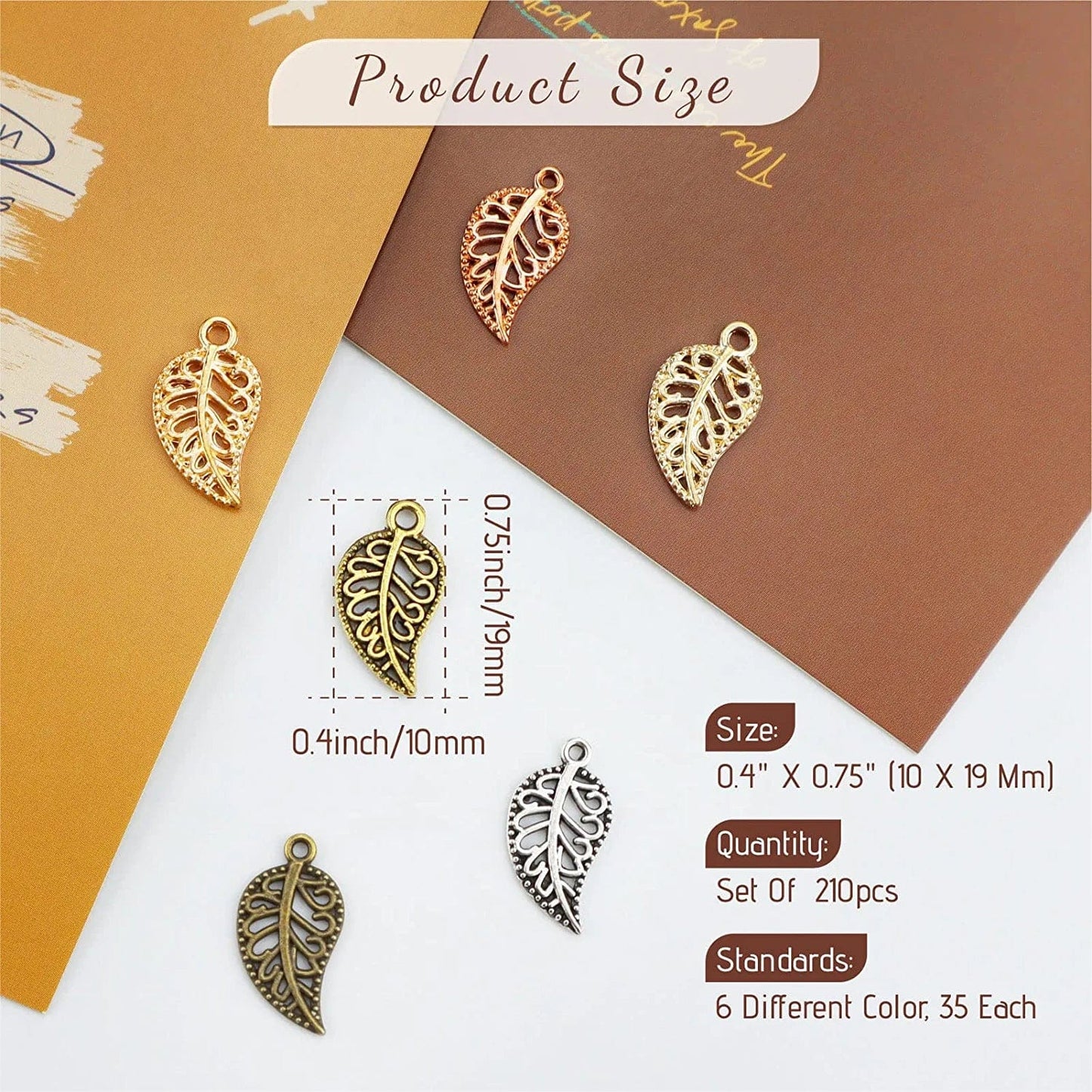 210PCS Hollow Filigree Leaves Charms Pendants Craft Supplies for Necklace Bracelet Jewelry Making, Mixed 6 Color