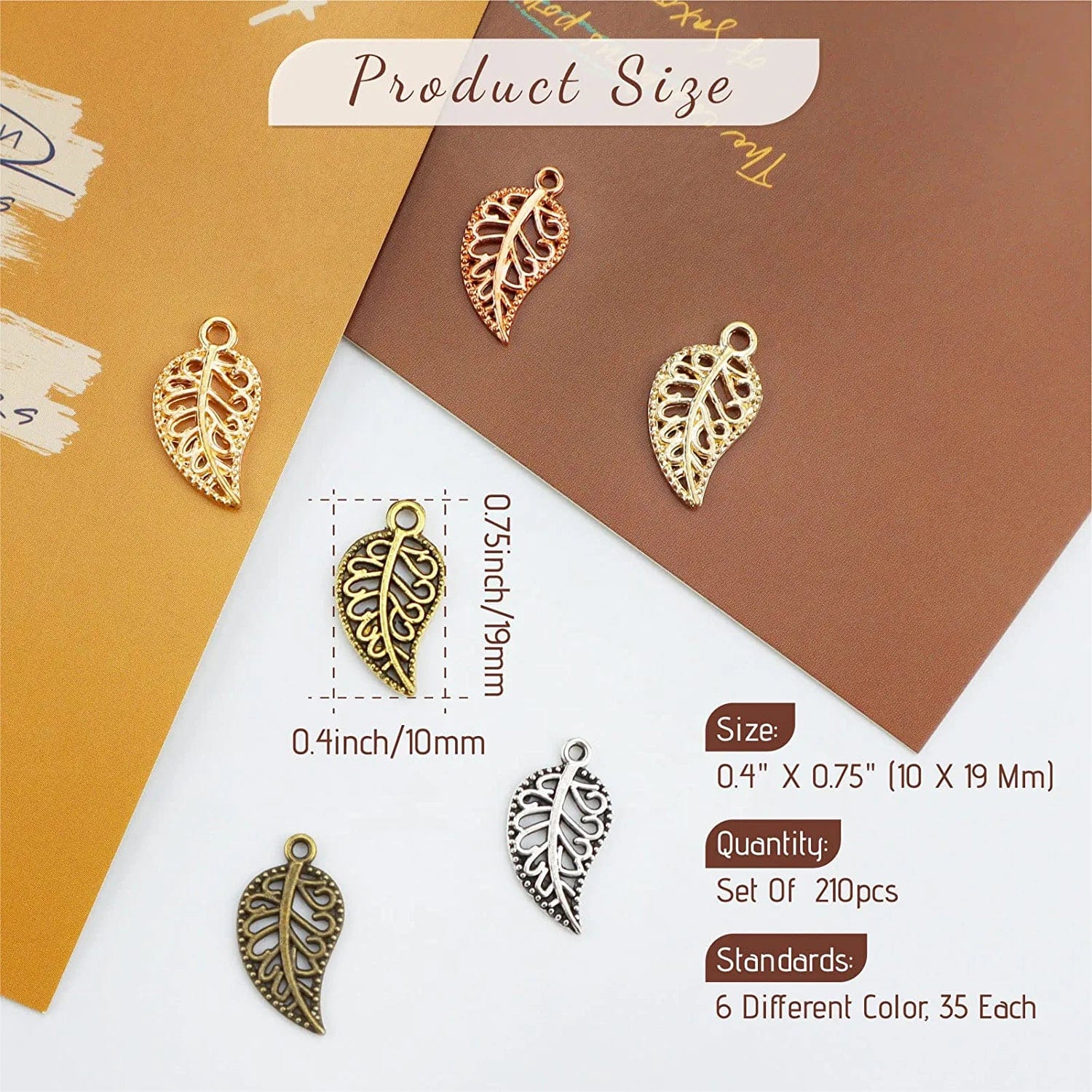 210PCS Hollow Filigree Leaves Charms Pendants Craft Supplies for Necklace Bracelet Jewelry Making, Mixed 6 Color