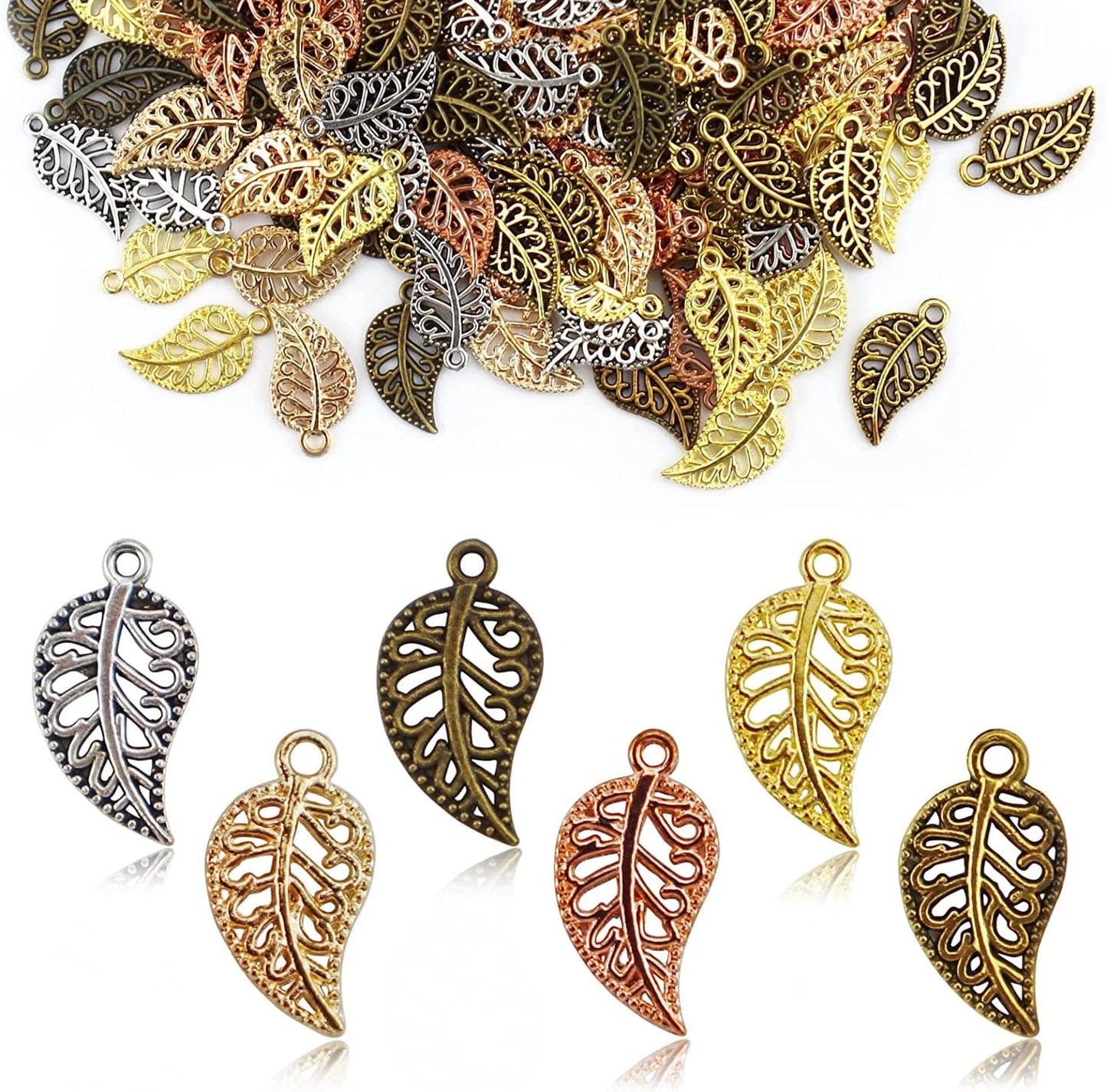 210PCS Hollow Filigree Leaves Charms Pendants Craft Supplies for Necklace Bracelet Jewelry Making, Mixed 6 Color