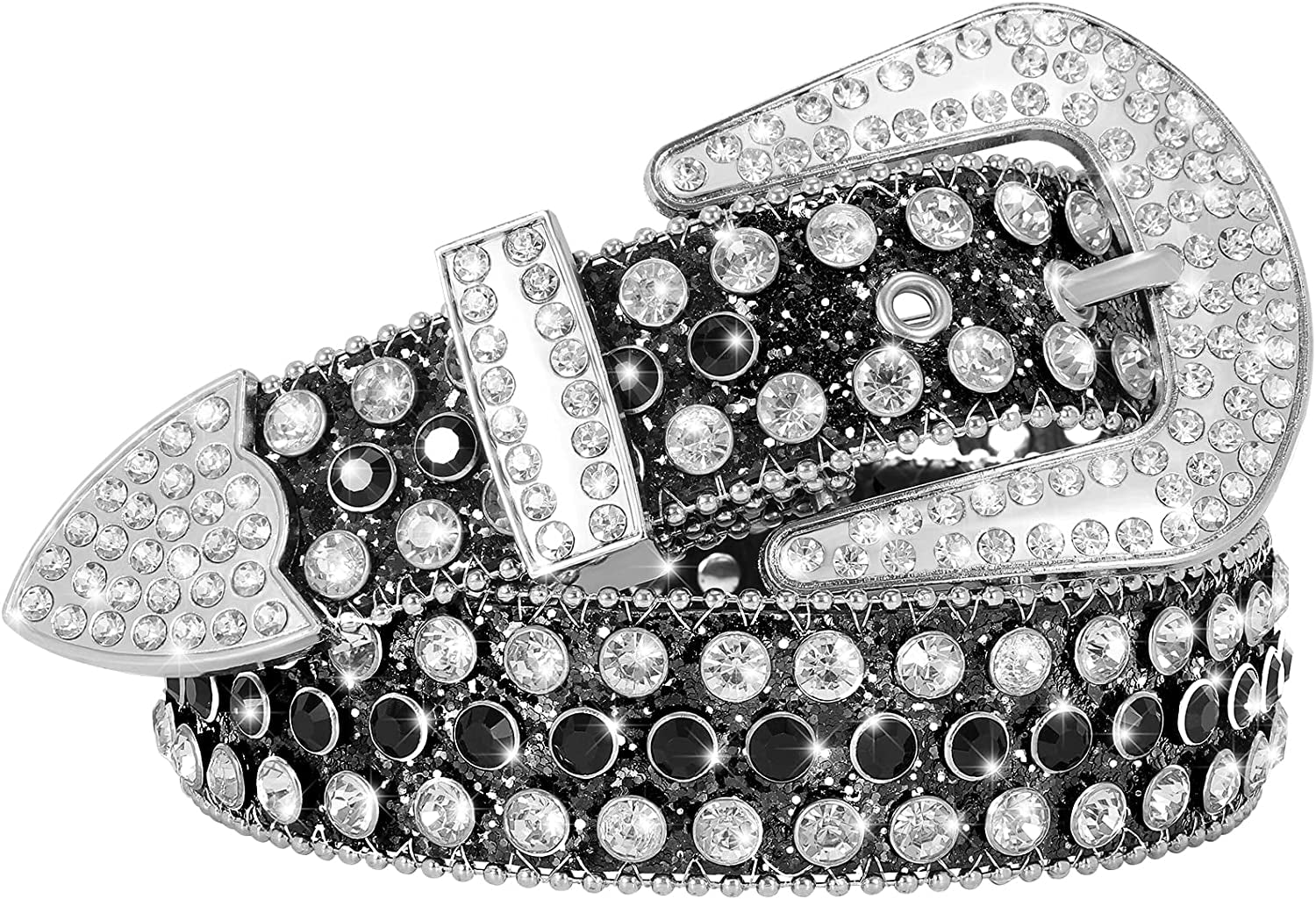 Men Women Fashion Rhinestone Belt SUOSDEY Western Cowgirl Bling Studded Design Leather Diamond Belt for Jeans Dress Apparel & Accessories > Clothing Accessories > Belts SUOSDEY 03-black(silver Buckle) L:fits waist size 38''-42''