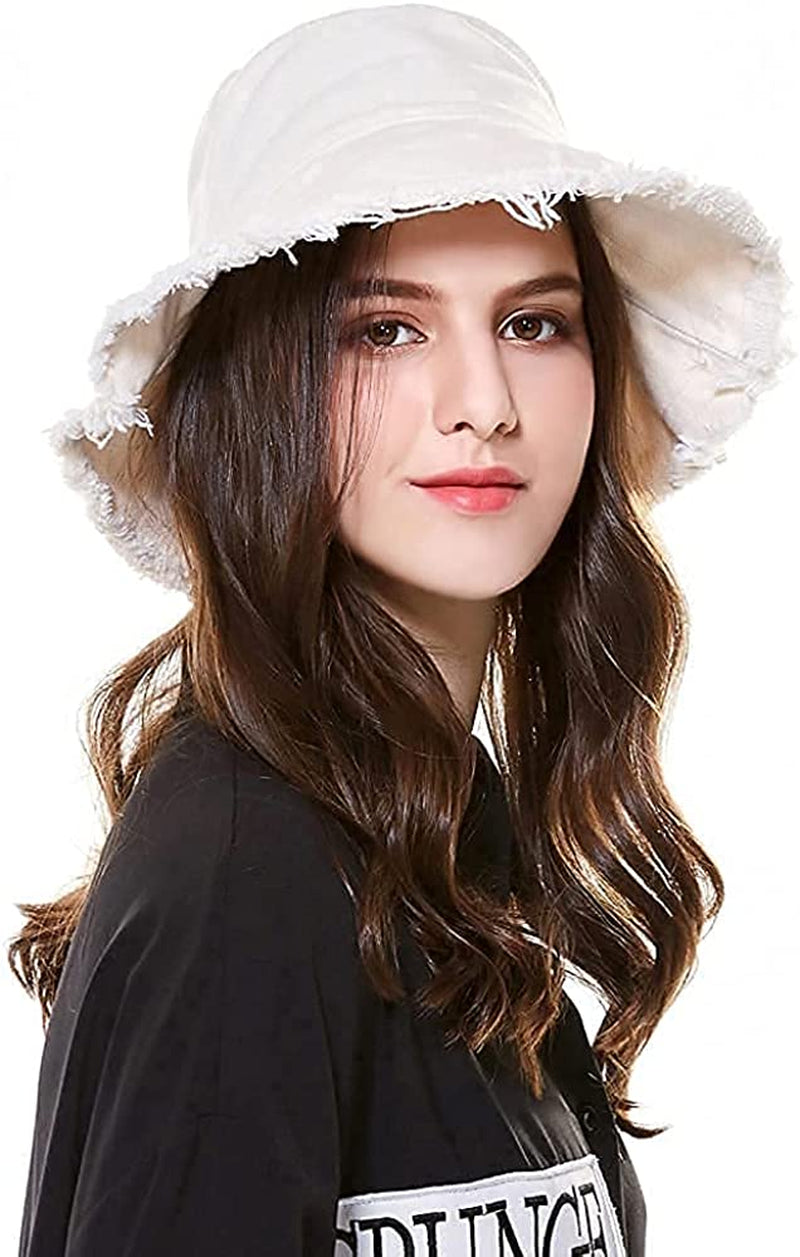 Frayed-Edge-Bucket-Hat-Summer Distressed-Beach-Sun-Hat-For-Women Men Teens Girls- Floppy Wide-Brim Fisherman Cap(Size: 7 1/8) Apparel & Accessories > Clothing Accessories > Hats UTOWO