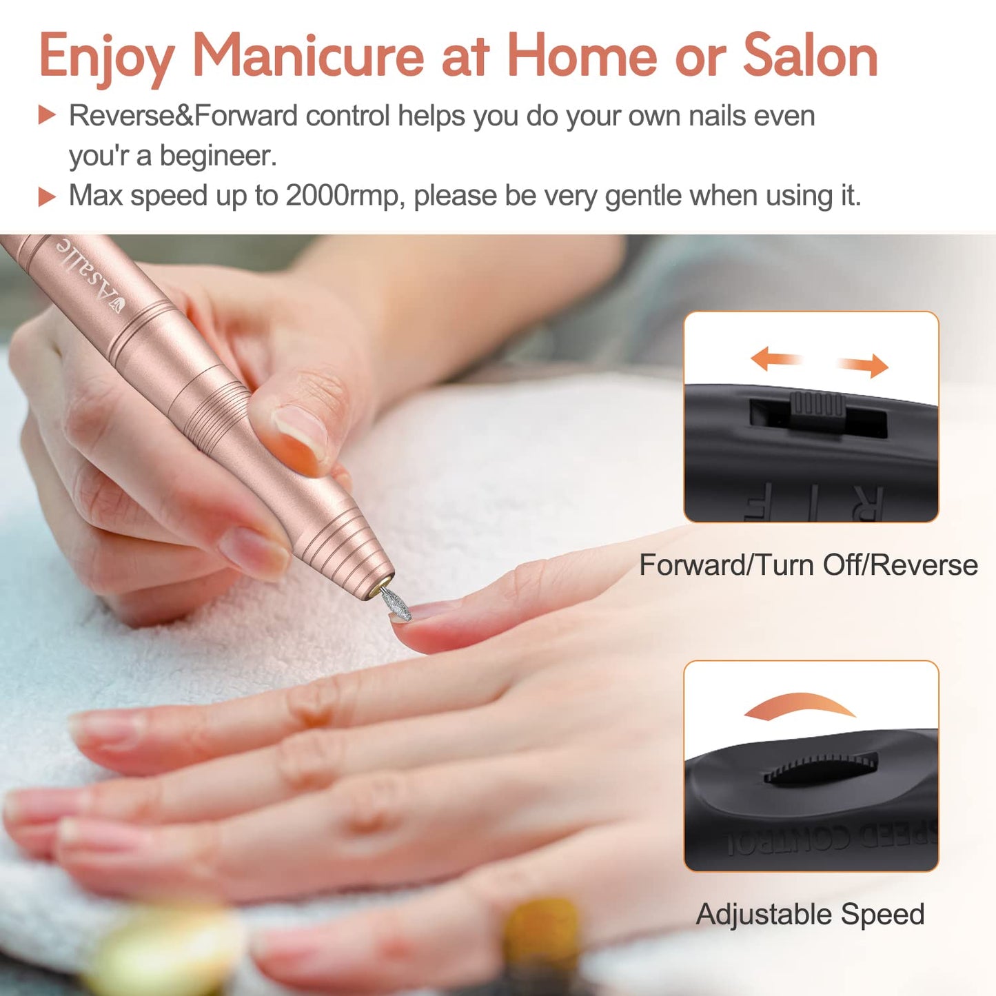 Electric Nail Drill, Professional Acrylic Dip Nail Drill Machine USB Electric Nail Filer Kit Efile Nail Tools for Manicure Pedicure with Drill Bits, Sanding Bands, Metal Nail File, Gold Health & Beauty > Personal Care > Cosmetics > Cosmetic Tools > Nail Tools Asalle