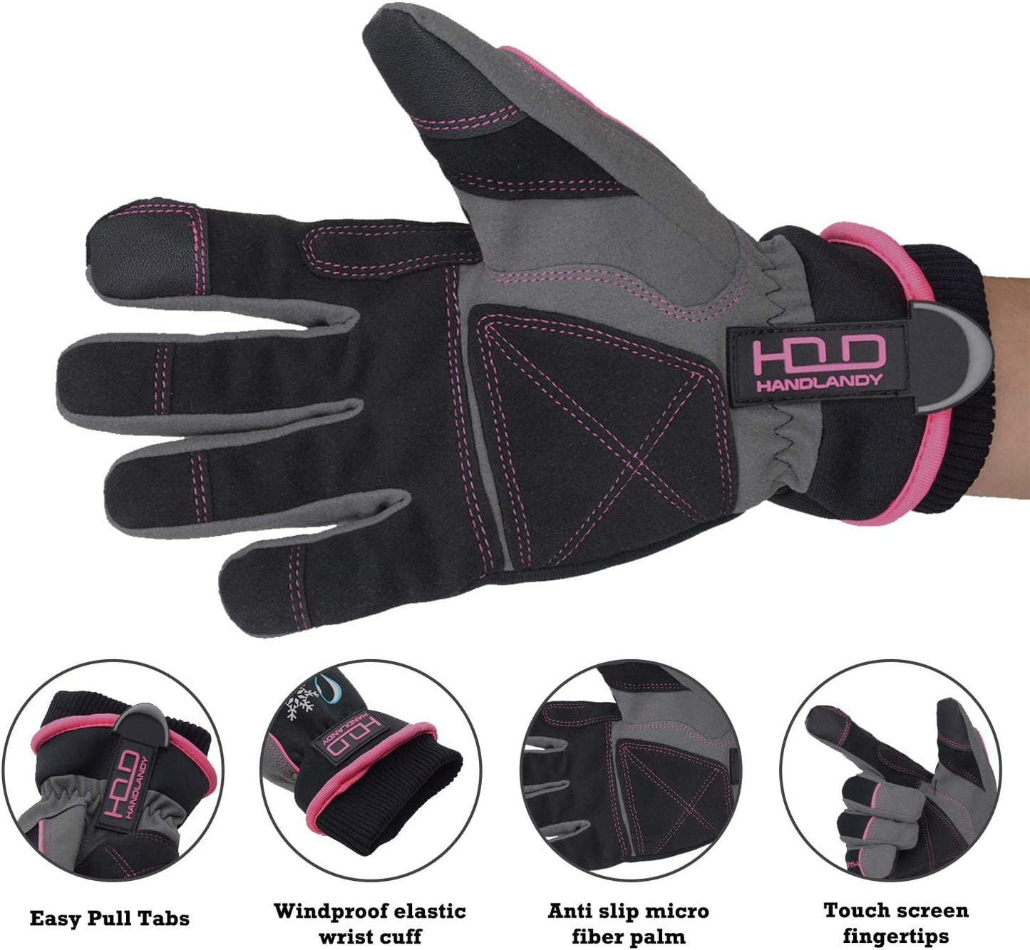 Waterproof Insulated Work Gloves, Thermal Winter Gloves for Men Women Touch Screen, Warm Ski Snowboard Cold Weather Gloves (Medium, Pink) Apparel & Accessories > Clothing Accessories > Gloves & Mittens HANDLANDY