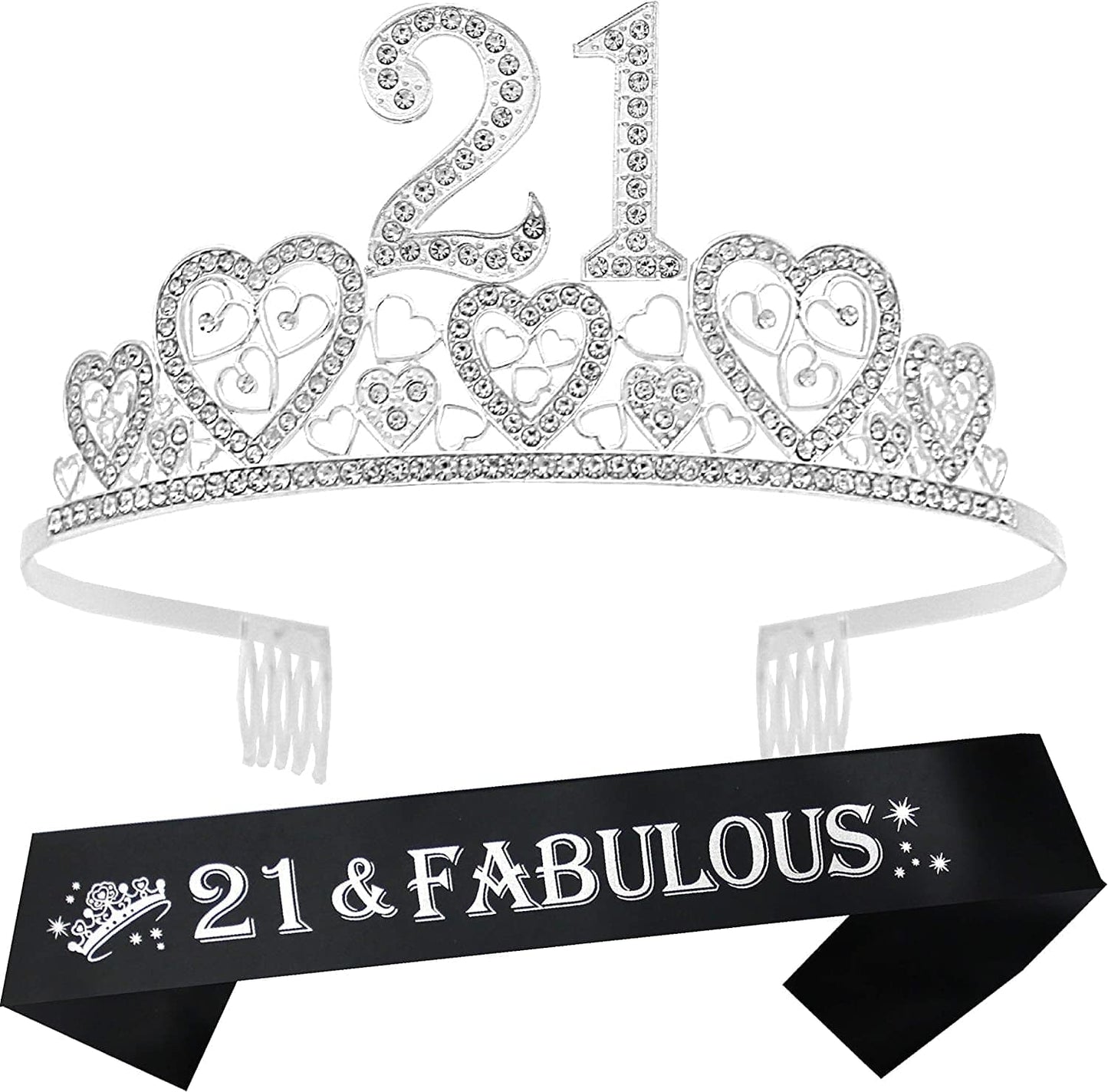 21St Birthday Sash and Tiara for Girls - Fabulous Set: Glitter Sash + Hearts Rhinestone Silver Premium Metal Tiara for Girls, 21St Birthday Gifts for 21St Birthday Party Apparel & Accessories > Clothing Accessories > Sashes VeryMerryMakering Silver