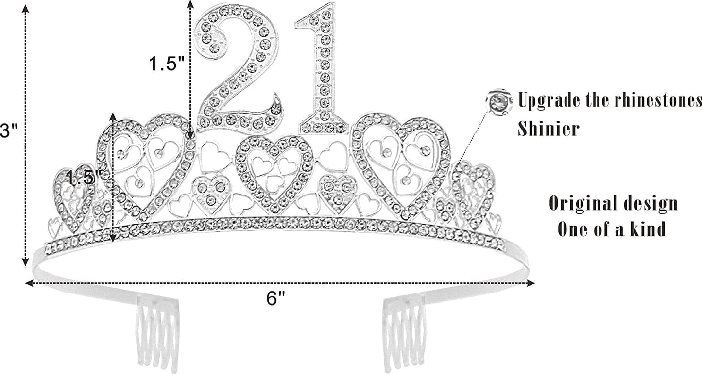 21St Birthday Sash and Tiara for Girls - Fabulous Set: Glitter Sash + Hearts Rhinestone Silver Premium Metal Tiara for Girls, 21St Birthday Gifts for 21St Birthday Party Apparel & Accessories > Clothing Accessories > Sashes VeryMerryMakering