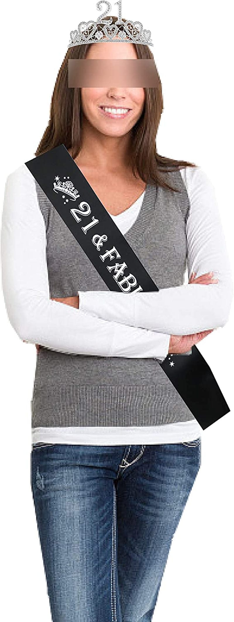 21St Birthday Sash and Tiara for Girls - Fabulous Set: Glitter Sash + Hearts Rhinestone Silver Premium Metal Tiara for Girls, 21St Birthday Gifts for 21St Birthday Party Apparel & Accessories > Clothing Accessories > Sashes VeryMerryMakering