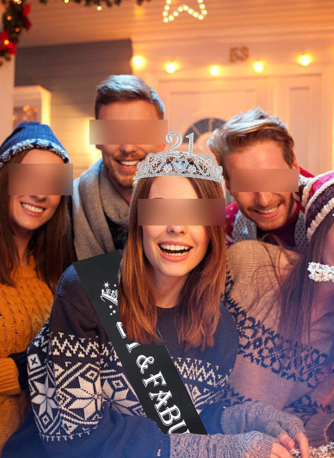 21St Birthday Sash and Tiara for Girls - Fabulous Set: Glitter Sash + Hearts Rhinestone Silver Premium Metal Tiara for Girls, 21St Birthday Gifts for 21St Birthday Party Apparel & Accessories > Clothing Accessories > Sashes VeryMerryMakering