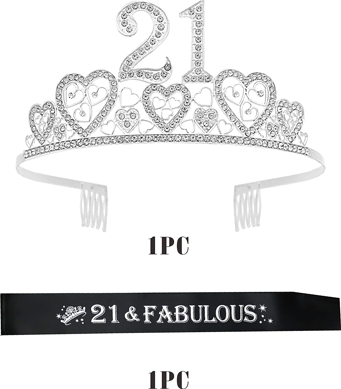 21St Birthday Sash and Tiara for Girls - Fabulous Set: Glitter Sash + Hearts Rhinestone Silver Premium Metal Tiara for Girls, 21St Birthday Gifts for 21St Birthday Party Apparel & Accessories > Clothing Accessories > Sashes VeryMerryMakering