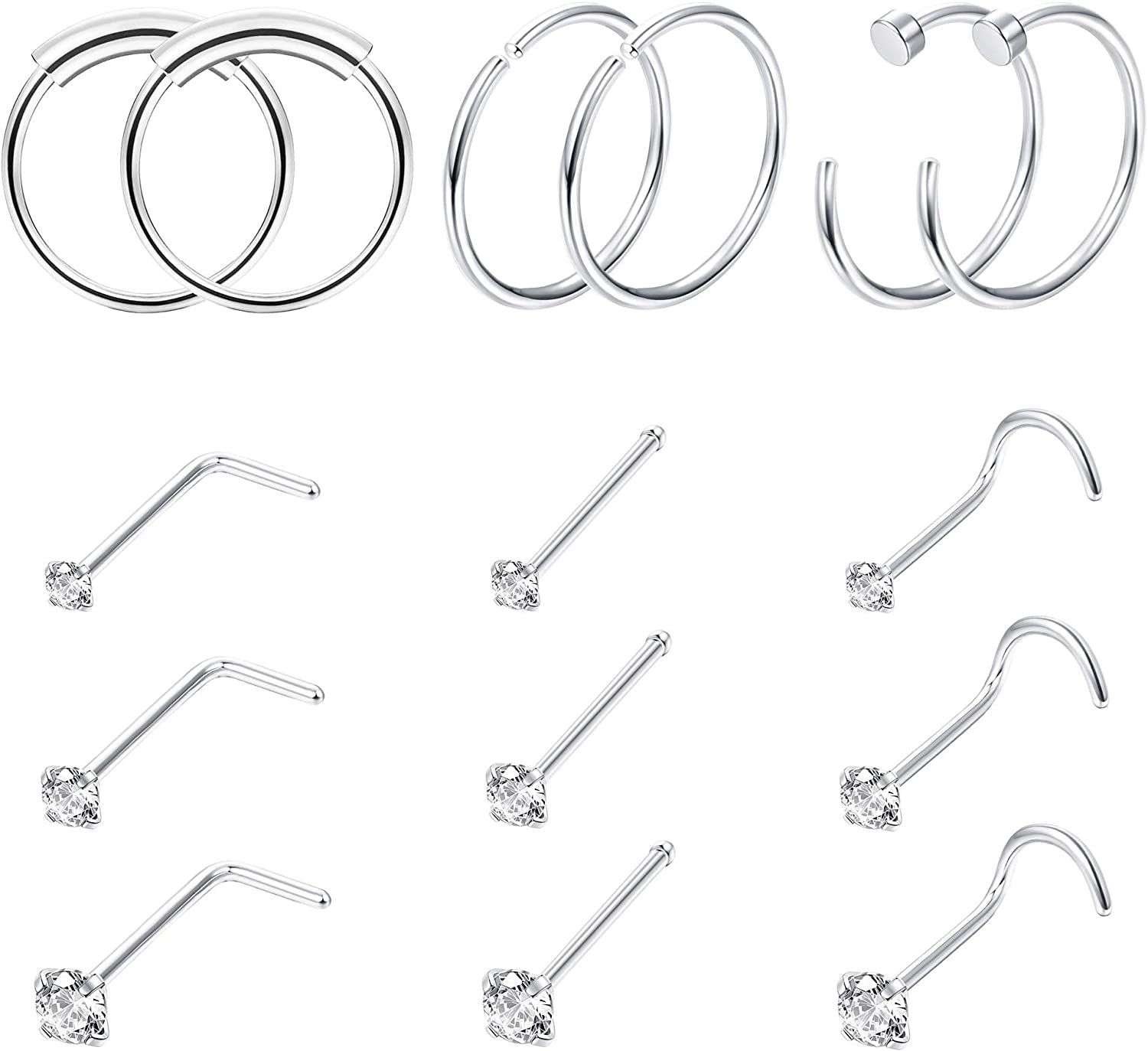 FINREZIO 15PCS 22G Surgical Steel Nose Rings Hoop Studs Cartilage Earrings Body Piercing Jewelry 1.5Mm 2Mm 2.5Mm CZ Apparel & Accessories > Jewelry > Rings FINREZIO A.Silver Nose Ring