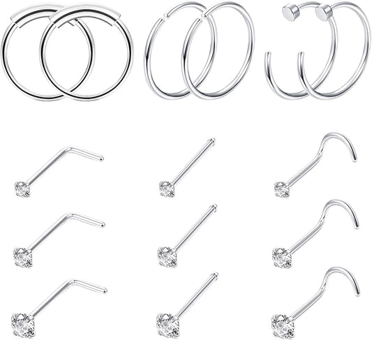 FINREZIO 15PCS 22G Surgical Steel Nose Rings Hoop Studs Cartilage Earrings Body Piercing Jewelry 1.5Mm 2Mm 2.5Mm CZ Apparel & Accessories > Jewelry > Rings FINREZIO A.Silver Nose Ring