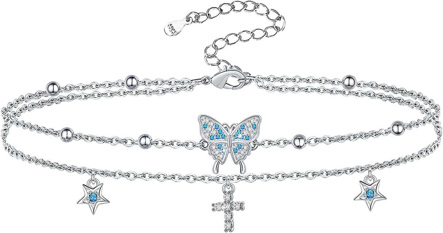 Butterfly Anklet for Women 925 Sterling Silver Layered Anklets Bracelets Adjustable Summer Beach Anklets Jewelry Gifts for Women Girls Wife Grandmother Apparel & Accessories > Jewelry > Anklets Allurelady Cross Butterfly