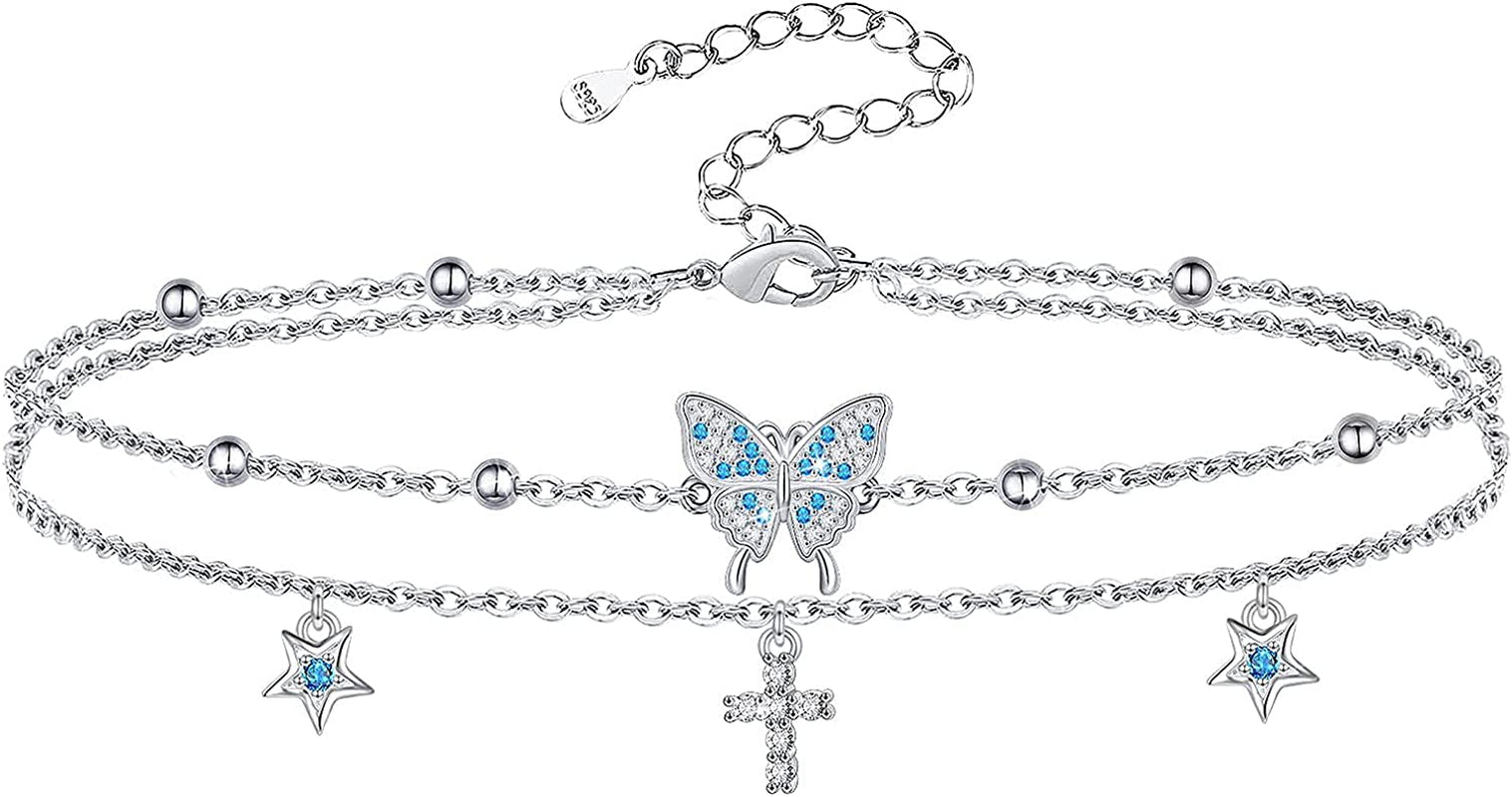 Butterfly Anklet for Women 925 Sterling Silver Layered Anklets Bracelets Adjustable Summer Beach Anklets Jewelry Gifts for Women Girls Wife Grandmother Apparel & Accessories > Jewelry > Anklets Allurelady Cross Butterfly