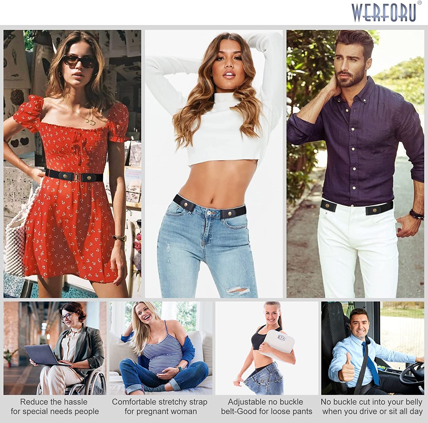 No Buckle Stretch Belt for Women Men Elastic Waist Belt up to 72 Inch for Jeans Pants Apparel & Accessories > Clothing Accessories > Belts WERFORU