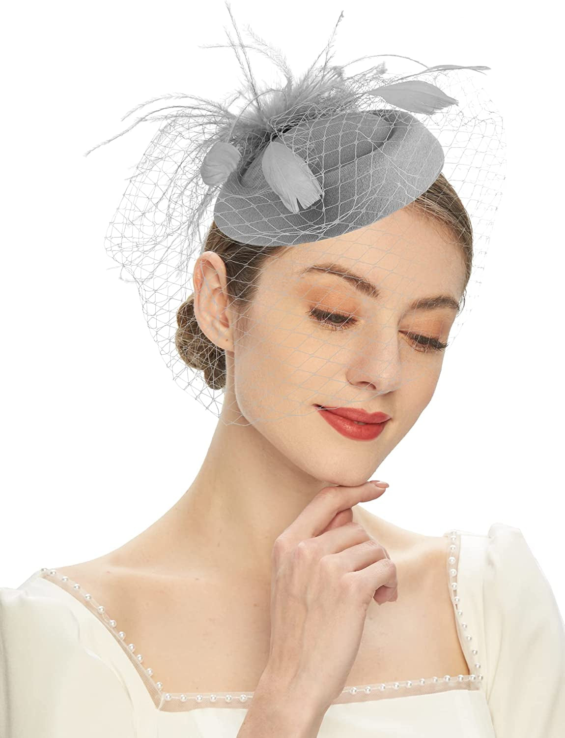 Fascinators Hats 20S 50S Hat Pillbox Hat Cocktail Tea Party Headwear with Veil for Girls and Women Apparel & Accessories > Clothing Accessories > Headwear Cizoe B-grey