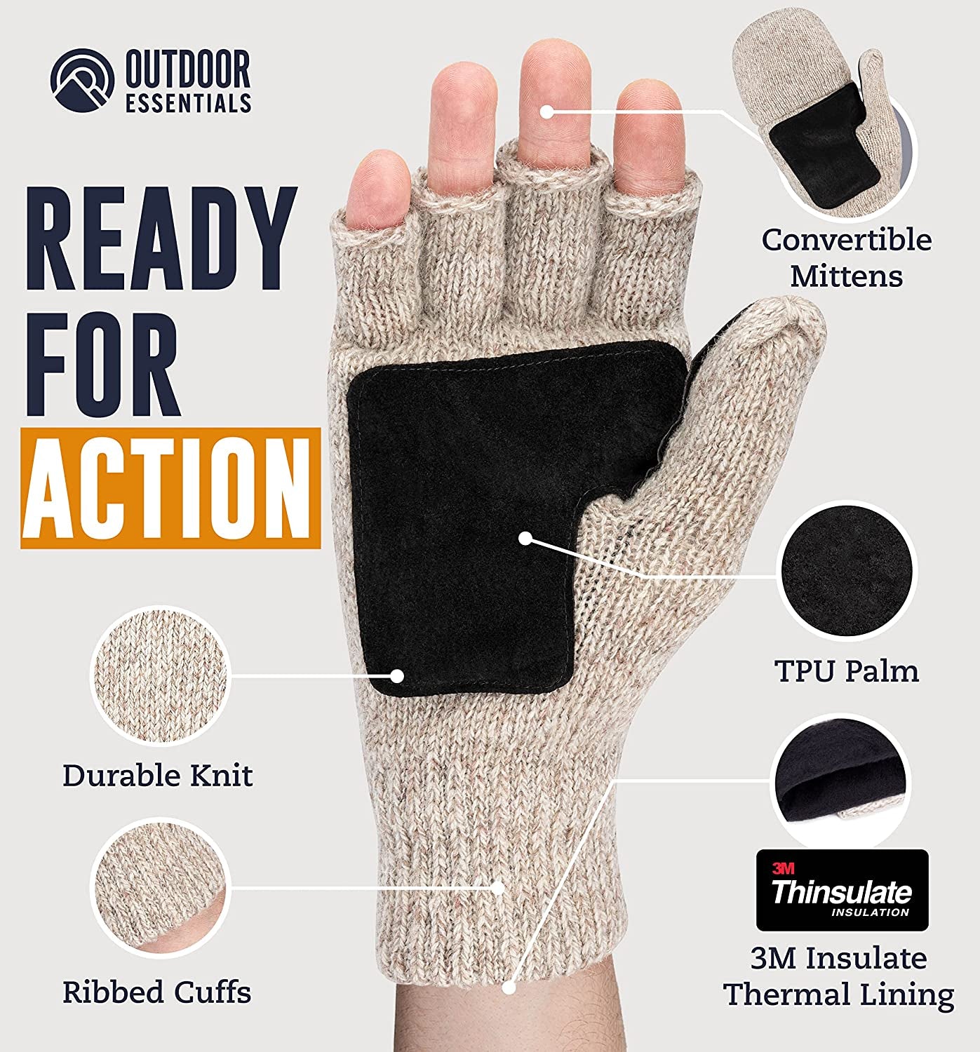 Fingerless Winter Gloves Convertible Wool Mittens for Men & Women - Warm Thermal Knit Flip Top Snow Glove for Cold Weather Apparel & Accessories > Clothing Accessories > Gloves & Mittens OutdoorEssentials