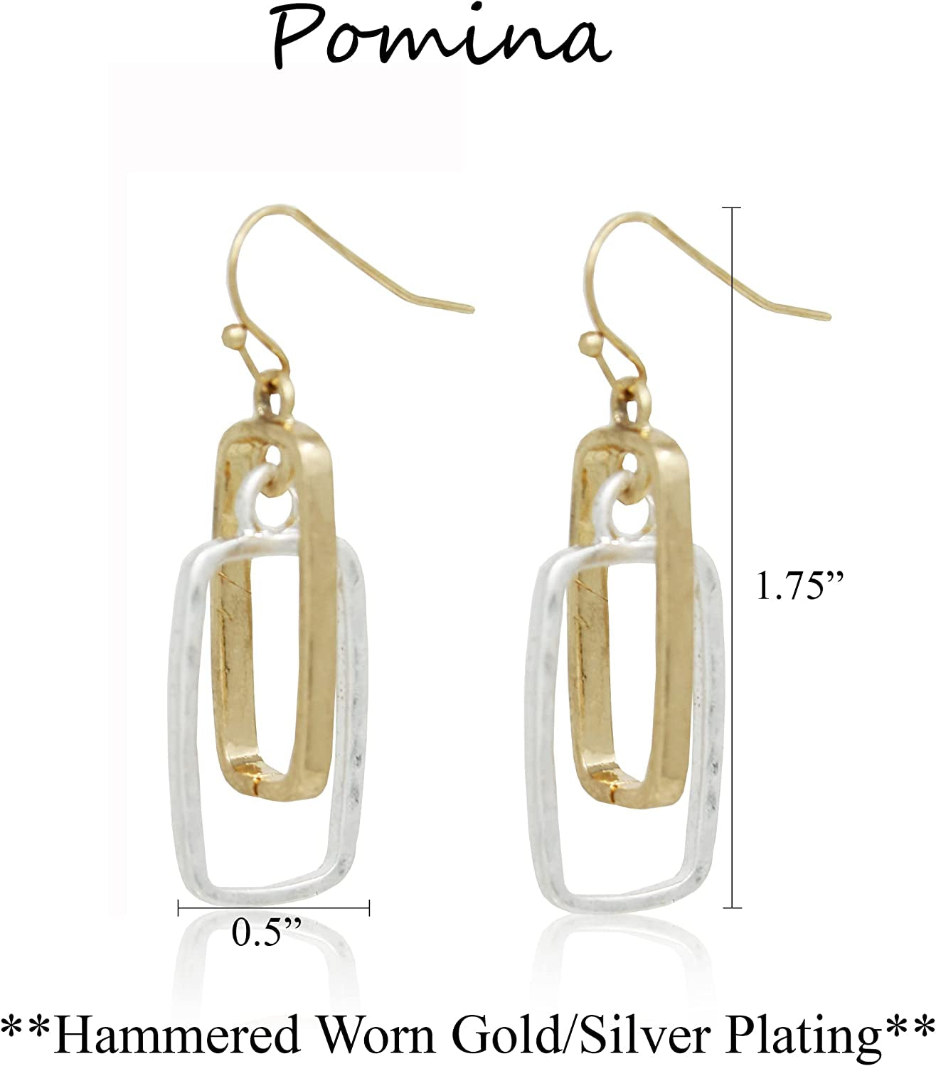 POMINA Lightweight Geometric Gold Silver Two Tone Hammered Dangle Drop Earrings Linked Circle Rectangle Oval Trendy Fashion Dangling Earrings for Women Apparel & Accessories > Jewelry > Earrings POMINA