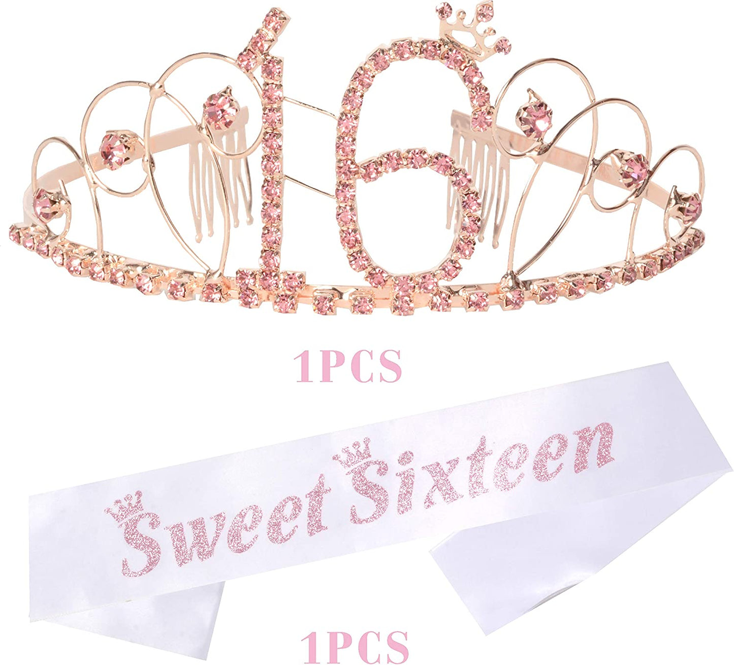 MEANT2TOBE 16Th Birthday Sash and Tiara for Girls - Fabulous Set: Glitter Sash + Basic Rhinestone Pink Premium Metal Tiara, 16Th Birthday Gifts for Sweet 16 Birthday Party Apparel & Accessories > Clothing Accessories > Sashes MEANT2TOBE