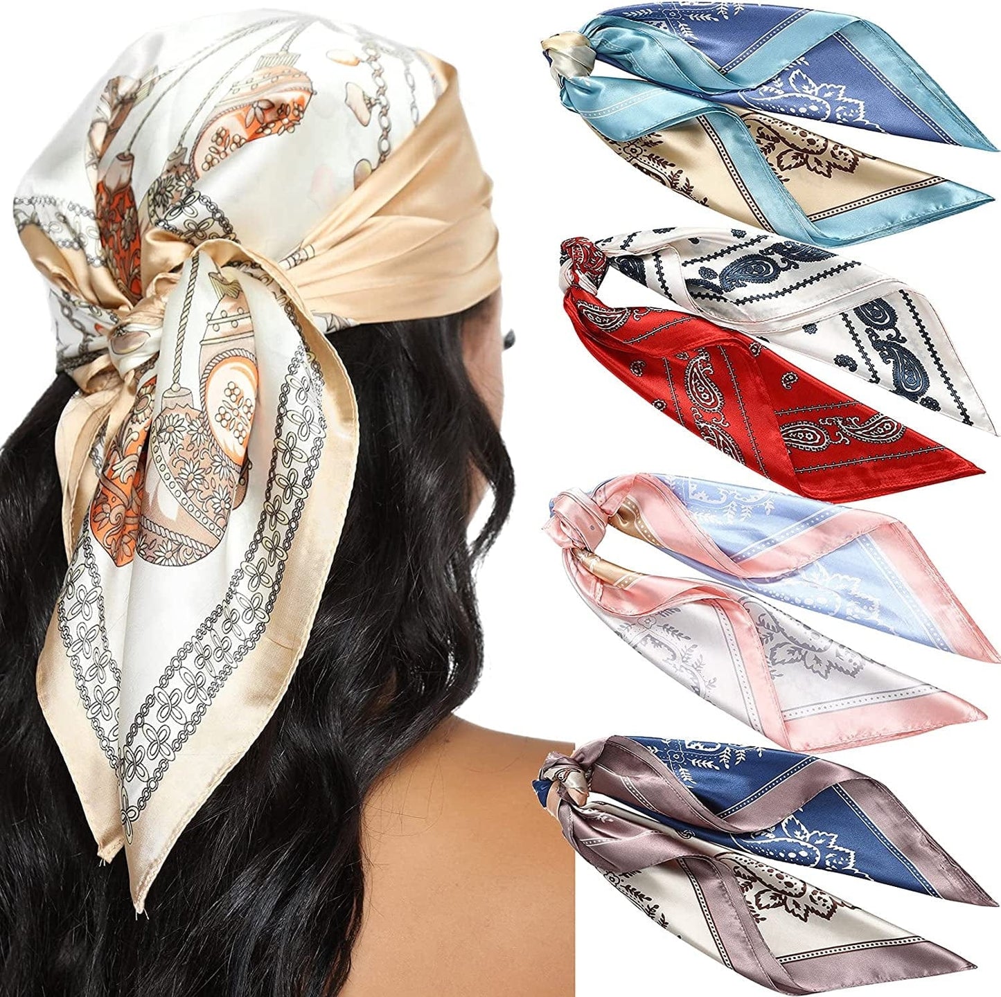 23.6 Inches Satin Head Scarves for Women 4PCS Square Silk like Hair Scarves Silk Hair Bandanas Apparel & Accessories > Clothing Accessories > Bandanas & Headties AWAYTR Multicolor #1