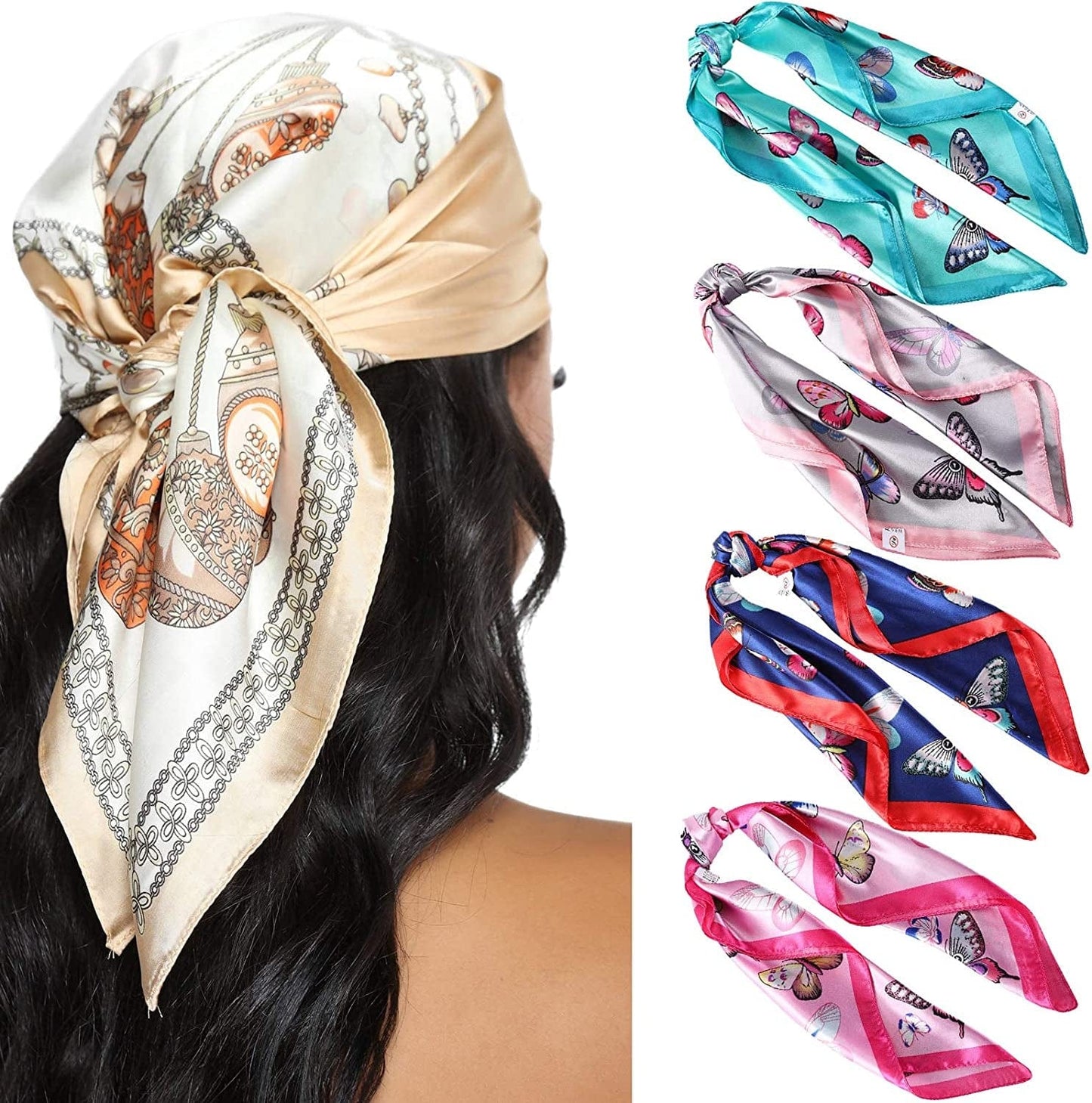 23.6 Inches Satin Head Scarves for Women 4PCS Square Silk like Hair Scarves Silk Hair Bandanas Apparel & Accessories > Clothing Accessories > Bandanas & Headties AWAYTR Butterfly