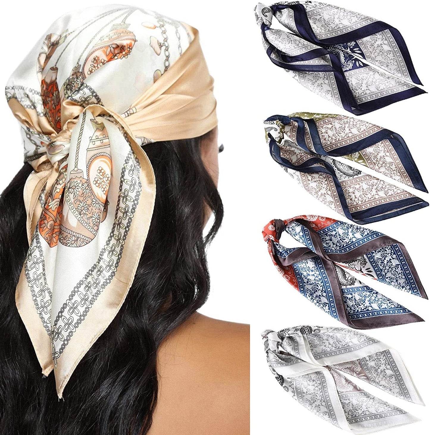 23.6 Inches Satin Head Scarves for Women 4PCS Square Silk like Hair Scarves Silk Hair Bandanas Apparel & Accessories > Clothing Accessories > Bandanas & Headties AWAYTR Cashew(splicing ) #1